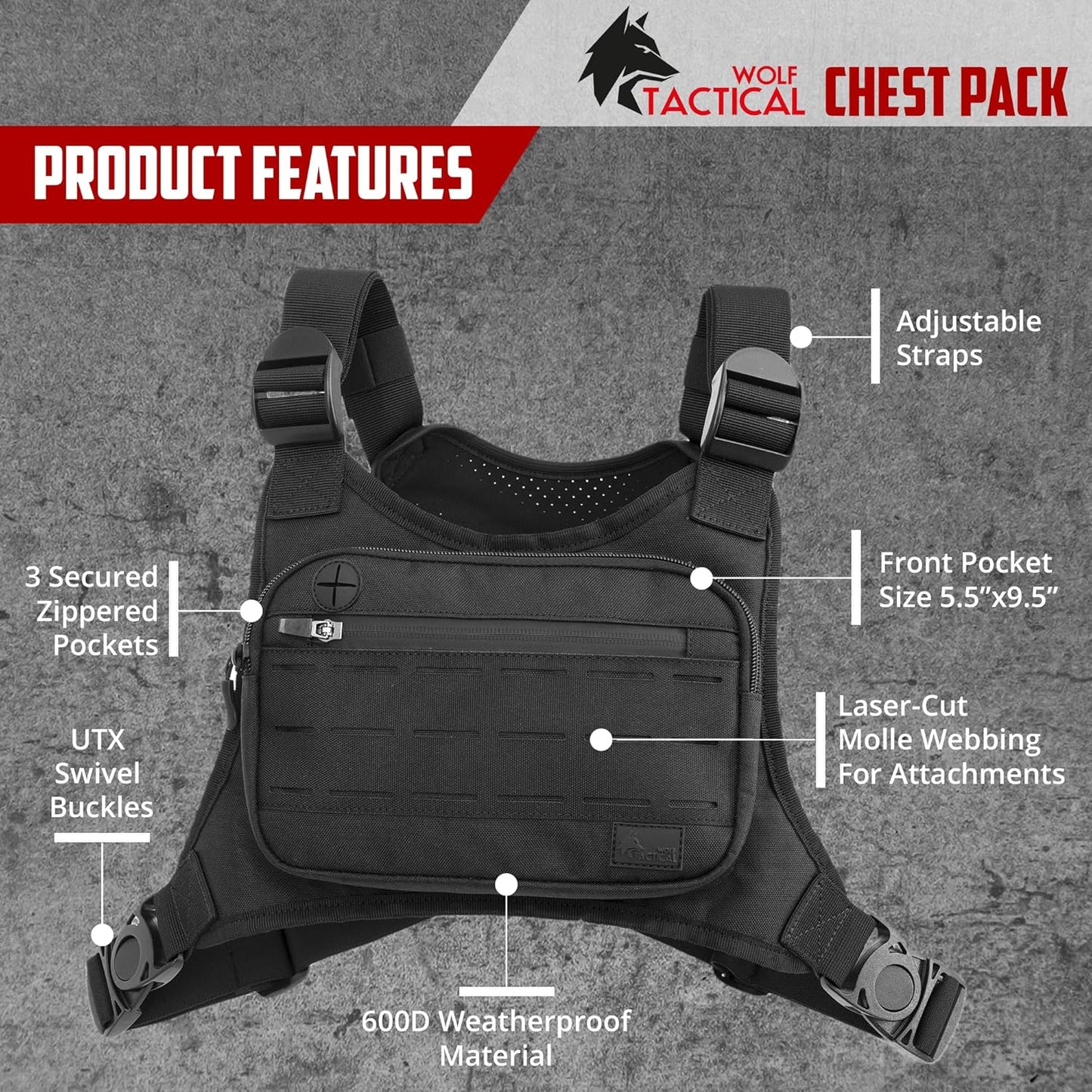 WOLF TACTICAL Chest Pack - Versatile Running Vest with Holster | Lightweight & Comfortable Design