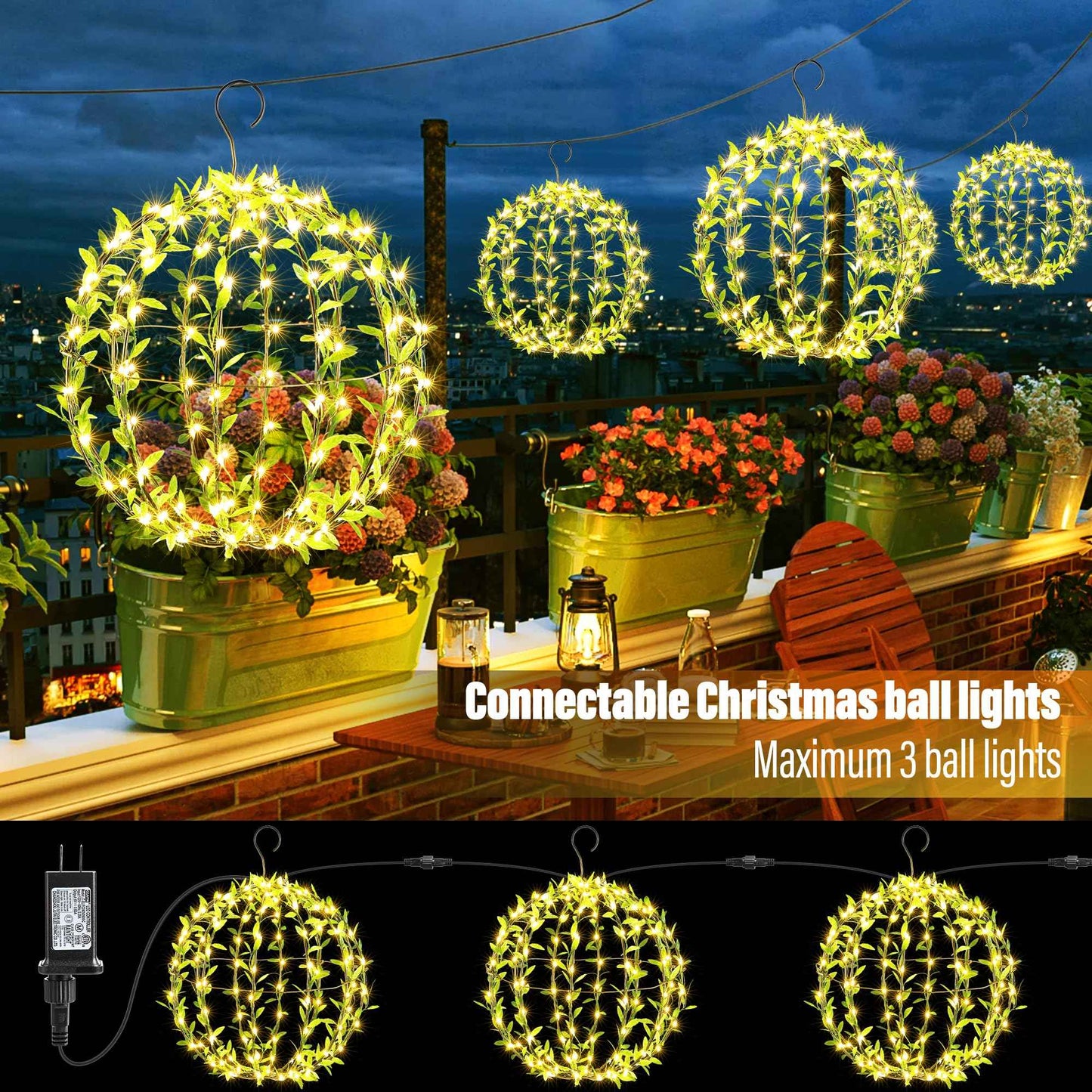 Flacchi Hanging Iron Sphere Lights with Artificial Greenery – 12Inch 120 LED Waterproof Outdoor/Indoor Decor Ball Light with Timer & 8 Modes – 2 Pack for Garden, Christmas, Weddings (Warm White)