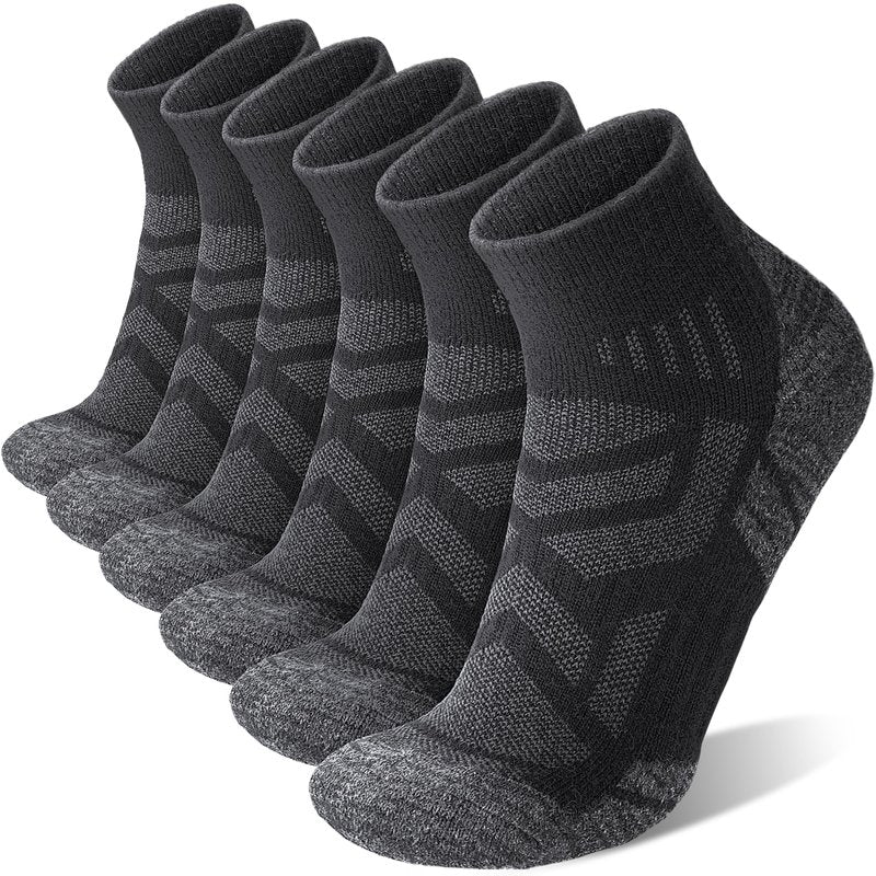 ANTSANG 6 Pairs Merino Wool Hiking Running Socks, Enhanced Breathability, Warm Quarter Ankle Socks for Men and Women(Black, L)