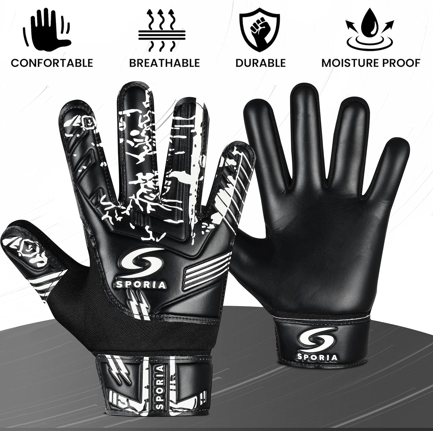 SPORIA Youth Goalie Gloves - Double Wrist Protection | Non-Slip Latex Soccer Gloves for Kids