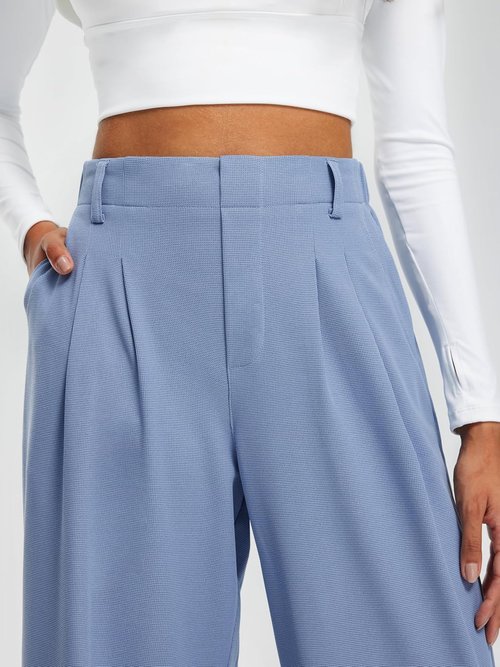 Libin Women's Wide Leg Pants - High Waisted Waffle Knit Casual Trousers with Pockets | Denim Blue, XL