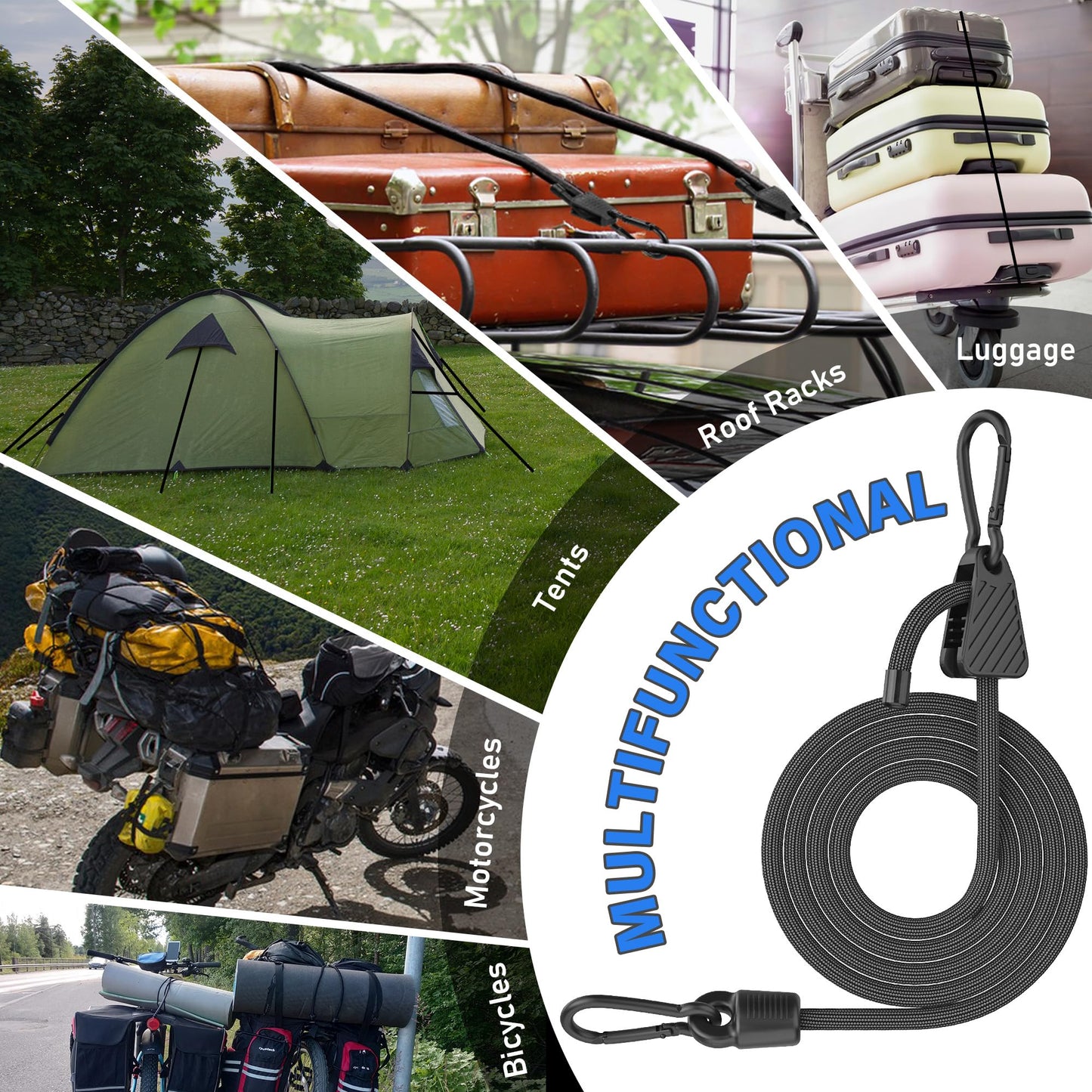 Adjustable Bungee Cords, Upgrade Bungee Cord with Carabiner Hooks Outdoor Heavy Duty 36 inch Long, Easy to Adjust Length Black Elastic Ropes Cable with Clips On Both Ends for Bike Rack, Tarps, Cargo