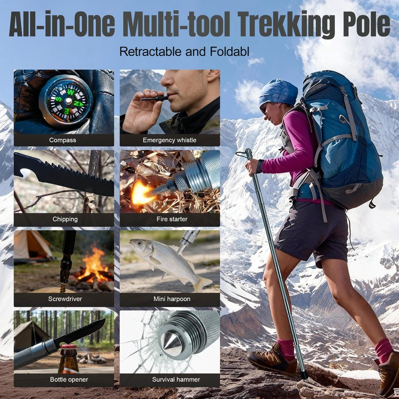 Tactical Survival Walking Stick, 16-in-1 Hiking Staff Heavy-Duty Collapsible Multitool for Camping, Reliable Tactical Kit for Outdoor Adventures, 7Tubes + Tactical Shovel