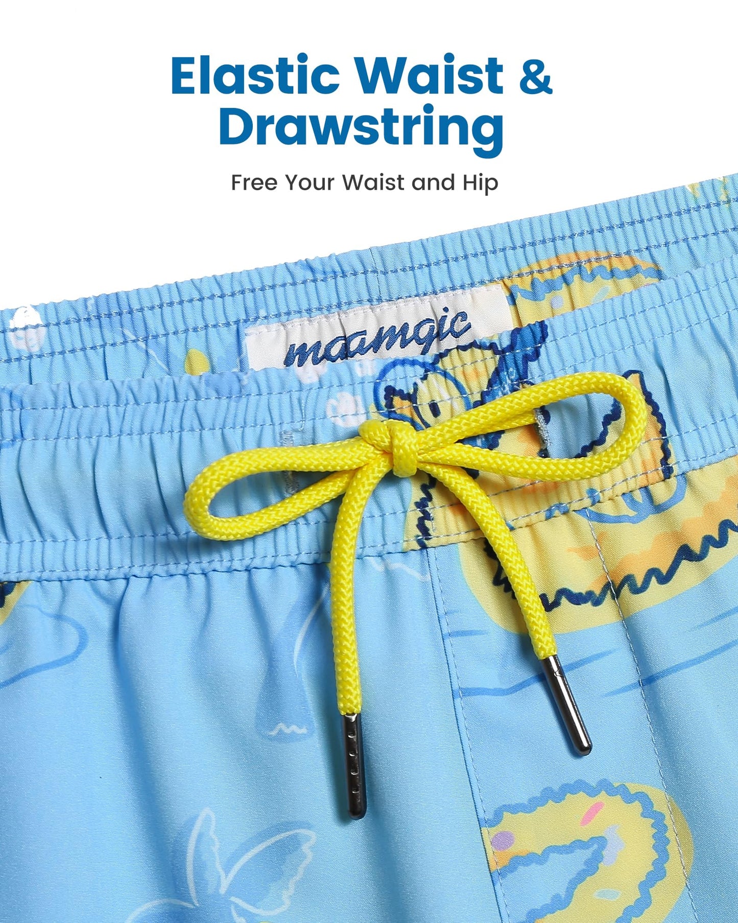 maamgic Mens Swim Trunks with Compression Liner 5 Inch, Quick Dry Bathing Suit with Zipper Pockets, Stretch No-Chafing Swim Shorts, Blue-Swimming Duck Medium