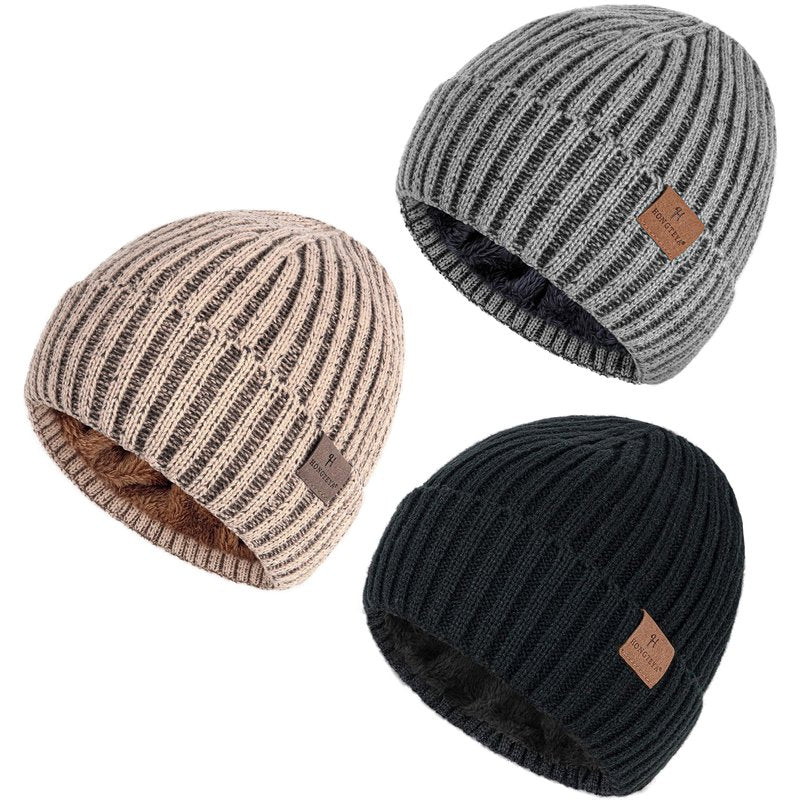 HONGTEYA 3 Pack Winter Beanie for Men Women, Thicken Thermal Plush Lined Beanie Fashion Warm Knit Hat for Cold Weather (Khaki+Gray+Black)