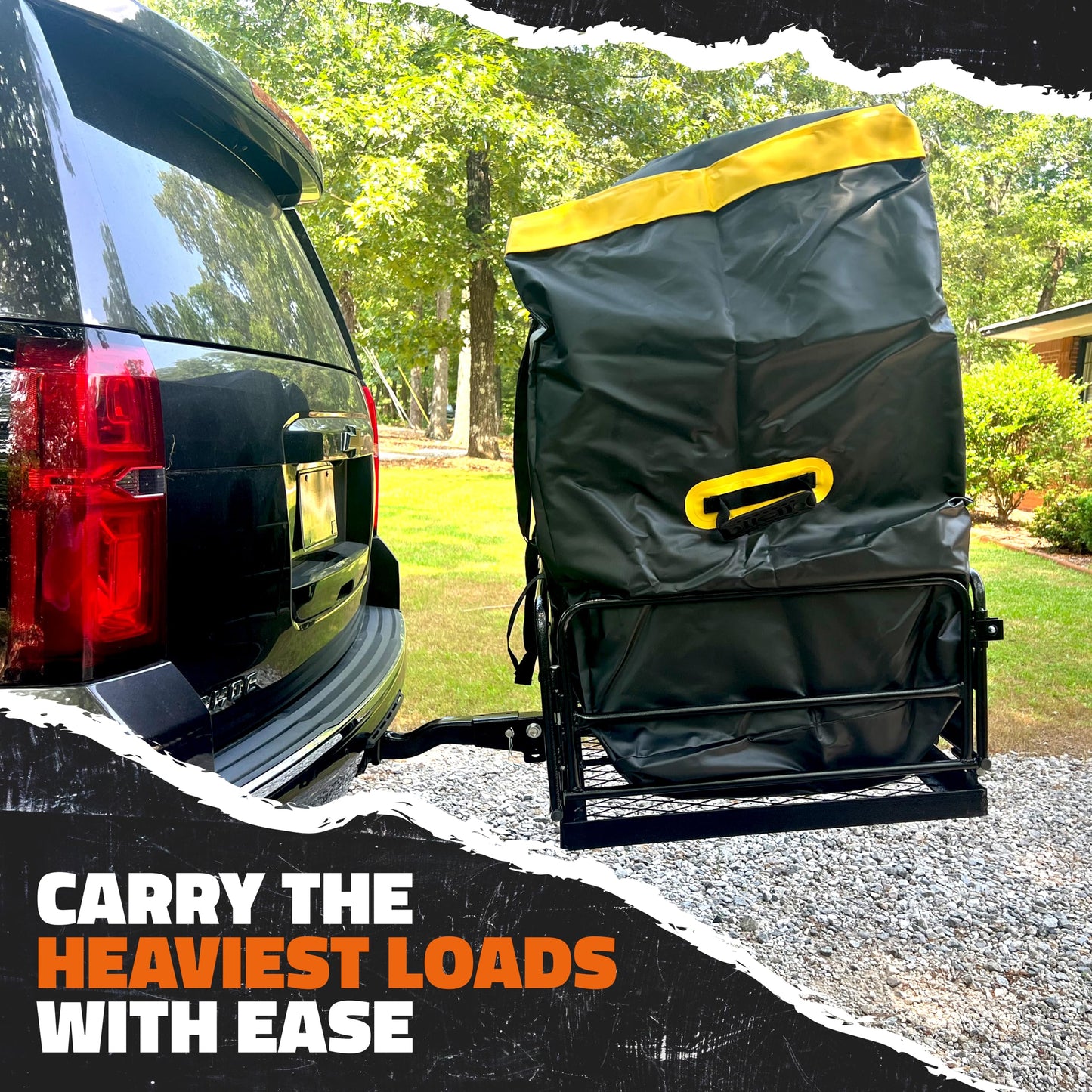 Mockins 60"x24"x14" High Rail Trailer Hitch Cargo Carrier w/License Plate Bracket & 30 Cu.Ft. Waterproof Cargo Hitch Carrier Bag | 500 Lbs. Cap All-Weather Folding Luggage Rack for SUV Truck & Car Set