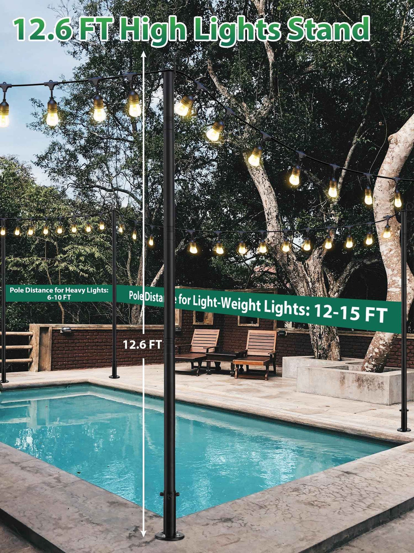 String Light Poles, 12.6 FT Light Poles for Outside Patio, Outdoor Deck Lighting Poles with Brackets for Fence and Base for Wood Concrete Mount, Heavy Duty Metal Stand Hanging Garden Party Decoration
