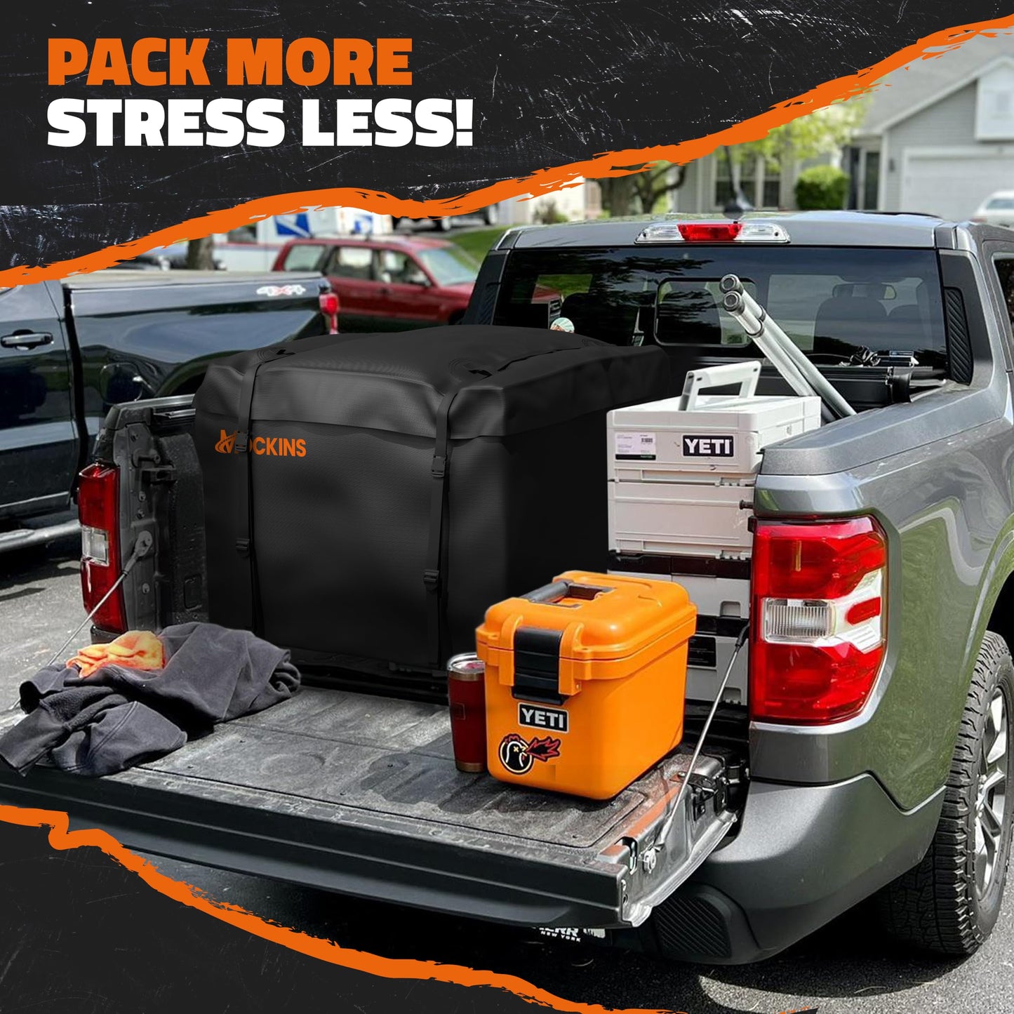 Mockins 30 CuFt Square Trailer Hitch Cargo Carrier Bag | 40"x40"x32" 500D PVC Weatherproof Cargo Bag for Hitch Carrier | Versatile Waterproof Truck Bed Storage Set w/Buckle Straps, Lock & Carry Bag