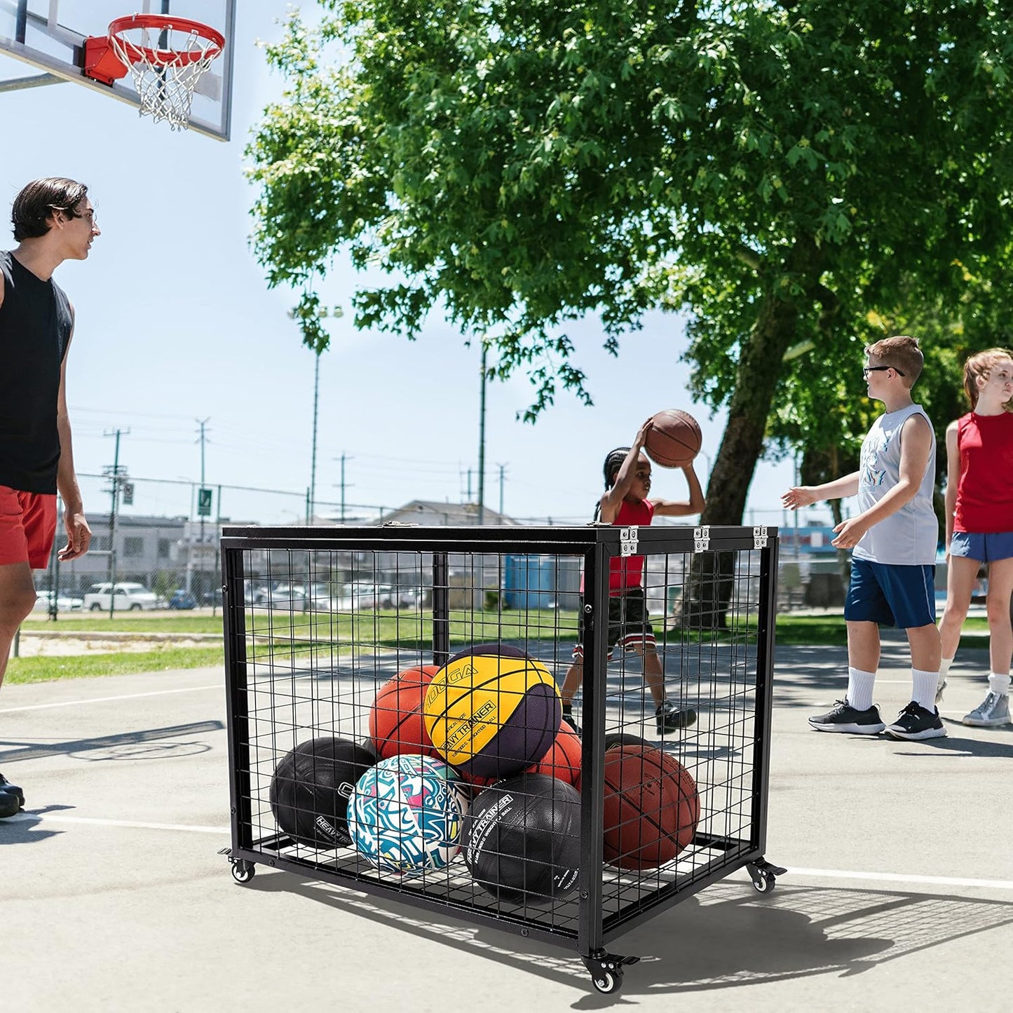 Rehomernace Basketball Organizer - Lockable Lid Storage Bin for Indoor/Outdoor Use | Rolling Ball Cart