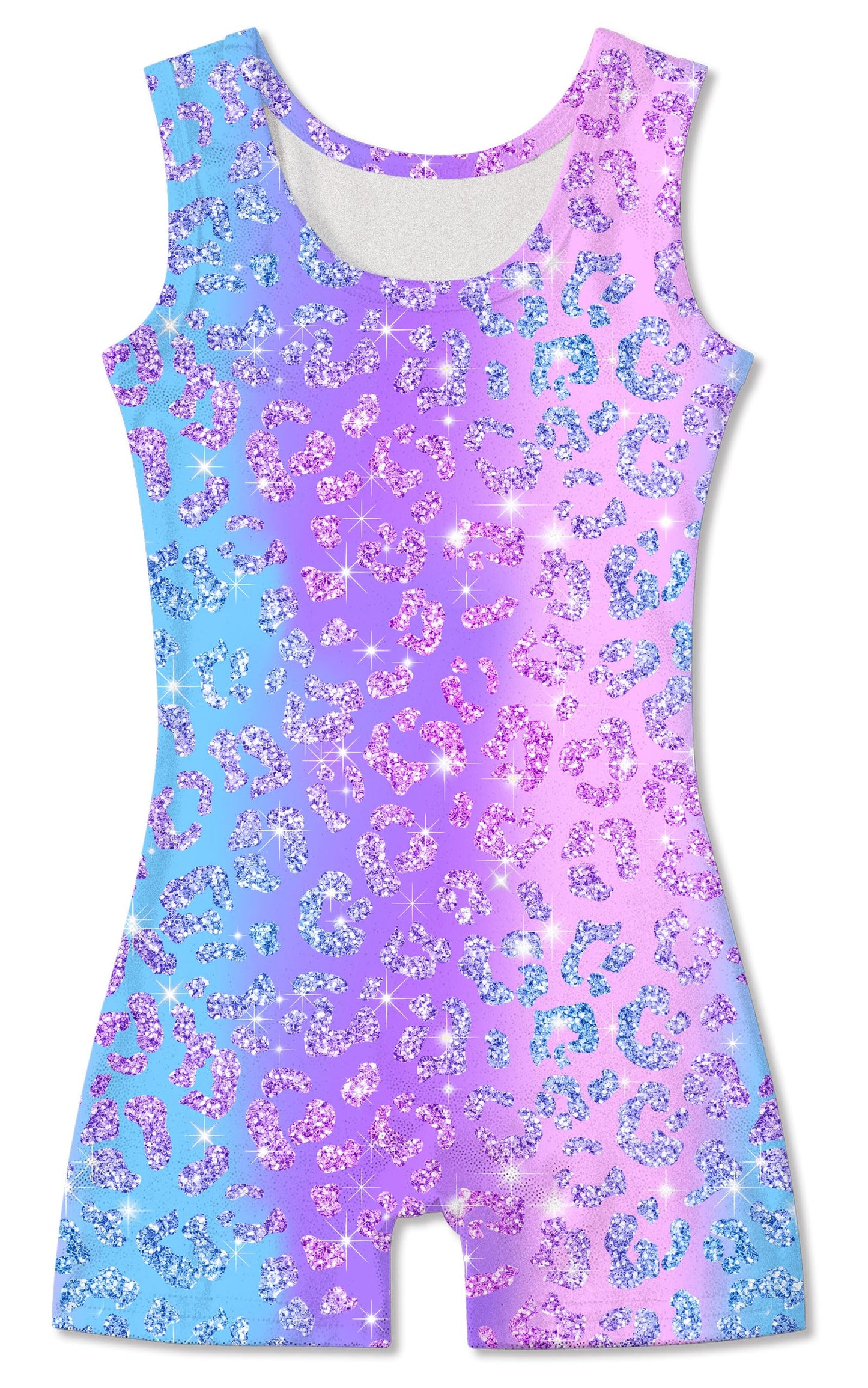 Funnycokid Gymnastics Leotards for Girls Dance Clothes Sparkly Outfits Unitard with Shorts, Leopard Diamond Purple, 7-8 Years