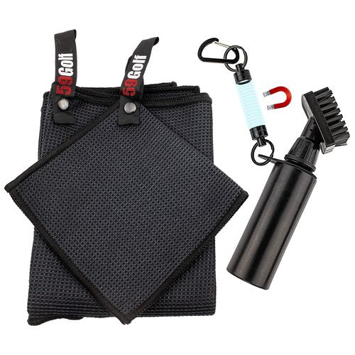 59Golf - Golf Club Cleaning kit : foaming Golf Club Brush with Water/soap Tank + Golf Club Towel + Golf Ball Towel + Magnetic Keychain (Brush + Black Towels)