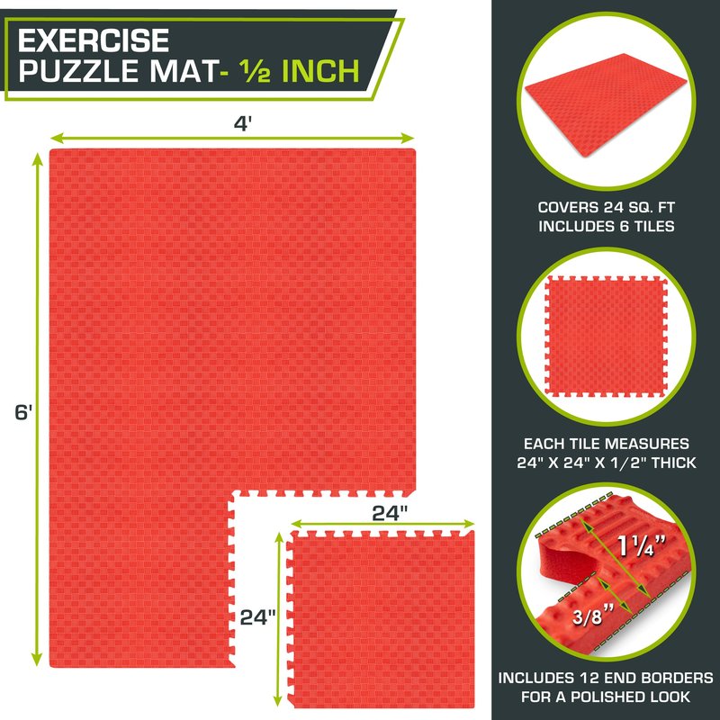 ProsourceFit Exercise Puzzle Mat ½-inch, Checkered EVA Foam Floor Tiles w/Non-Slip Texture, Interlocking Design for Adjustable Gym Surfaces, Shock Absorbing, Red, 24 Sq Ft - 6 Tiles