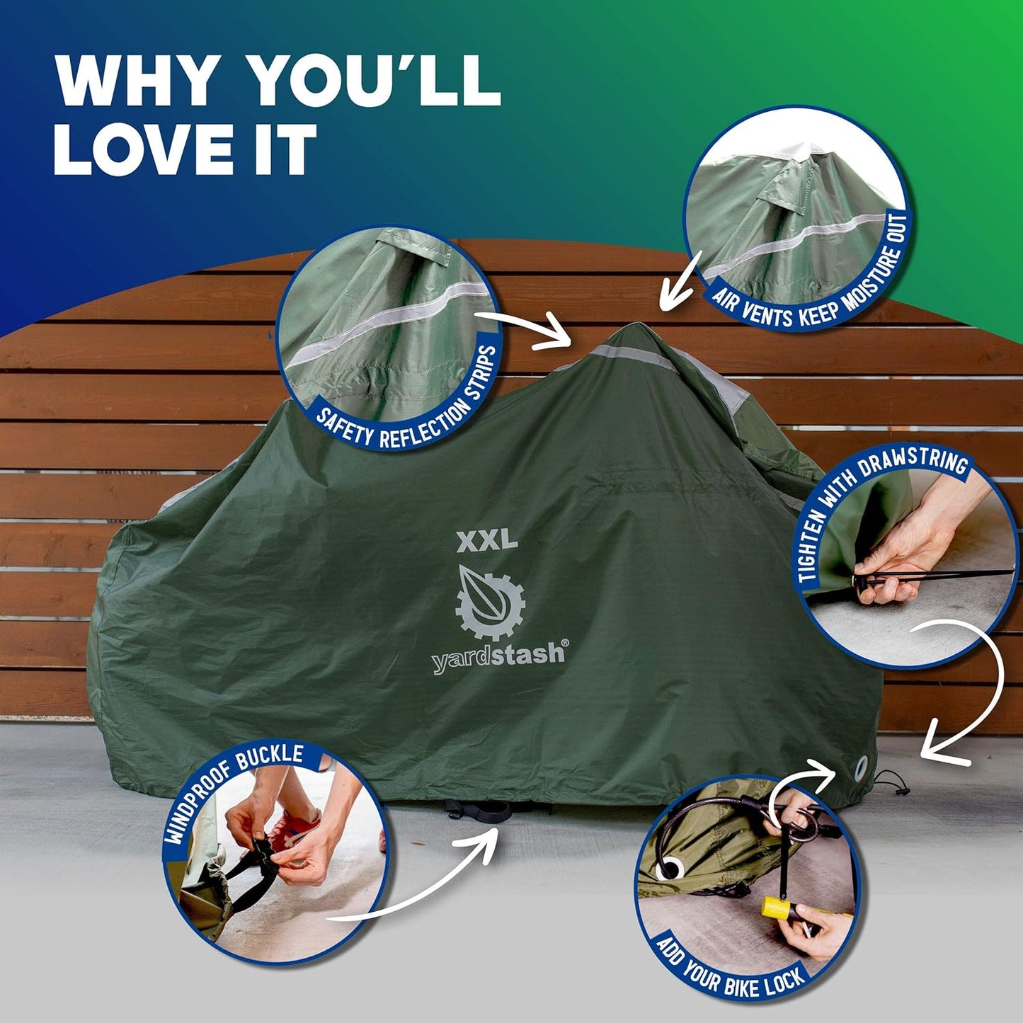 YardStash Bike Cover - XXL Waterproof & Weatherproof Reflective Bicycle Storage - Green