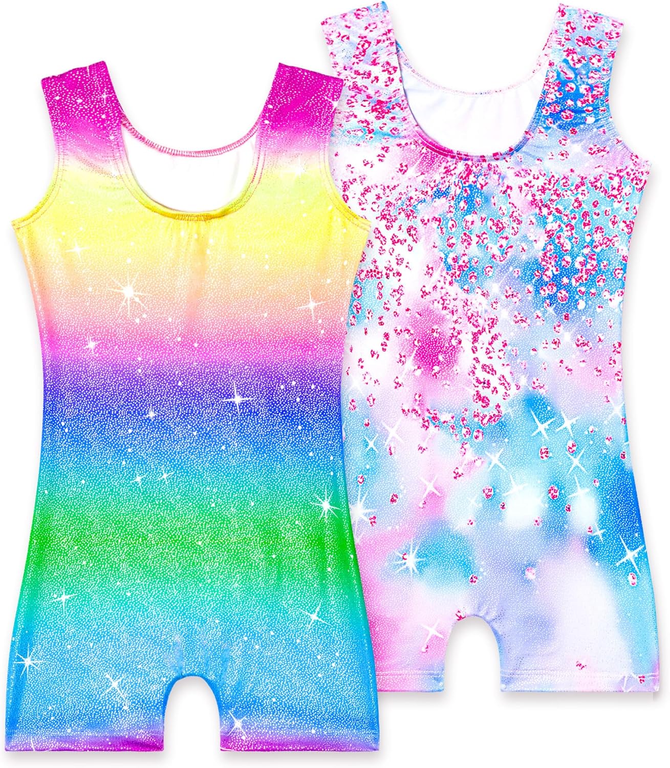 Skiennix Girls' Sparkly Gymnastics Leotard - Sleeveless Tumbling Unitard with Shorts | 2 Pack