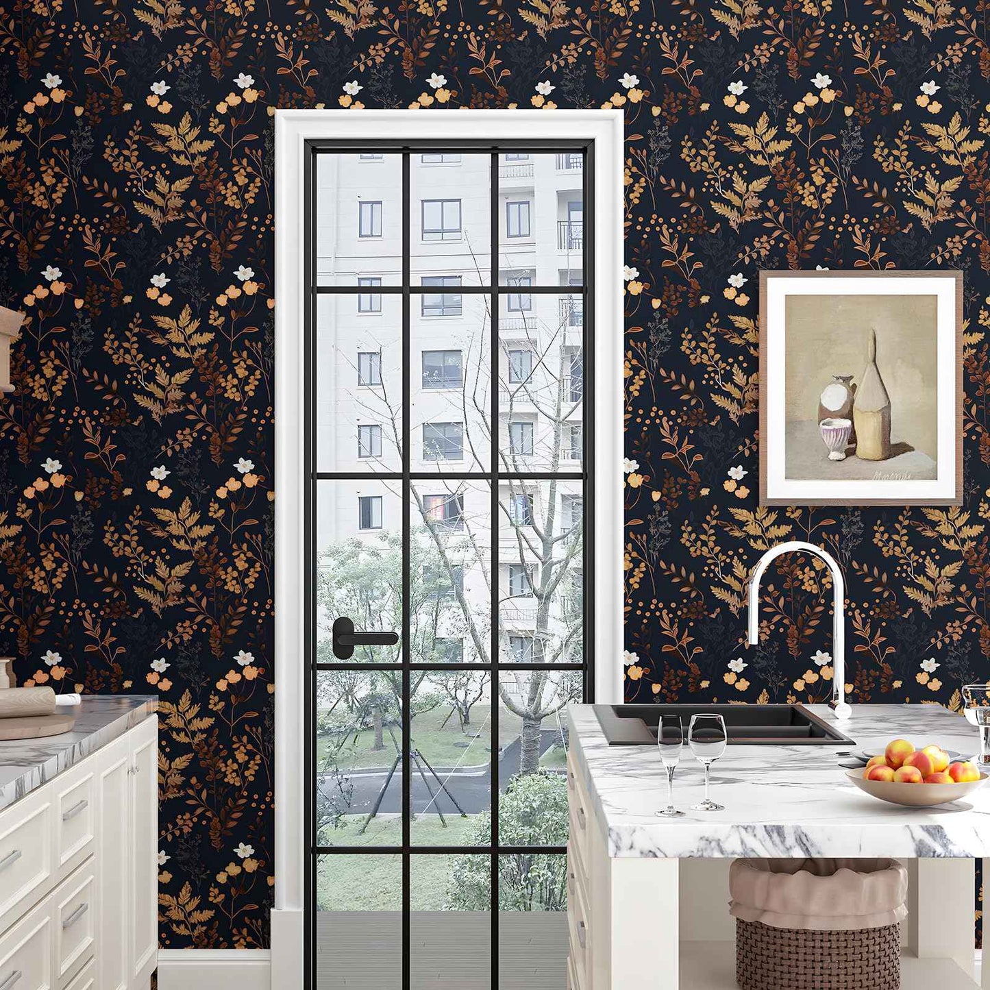 XRUIBZI Dark Blue Floral Wallpaper Peel and Stick Wallpaper Leaf Wallpapers Gold Leaf Contact Paper for Cabinets Waterproof Self Adhesive Wall Paper for Kitchen Countertop Wall 17.5" x 118"