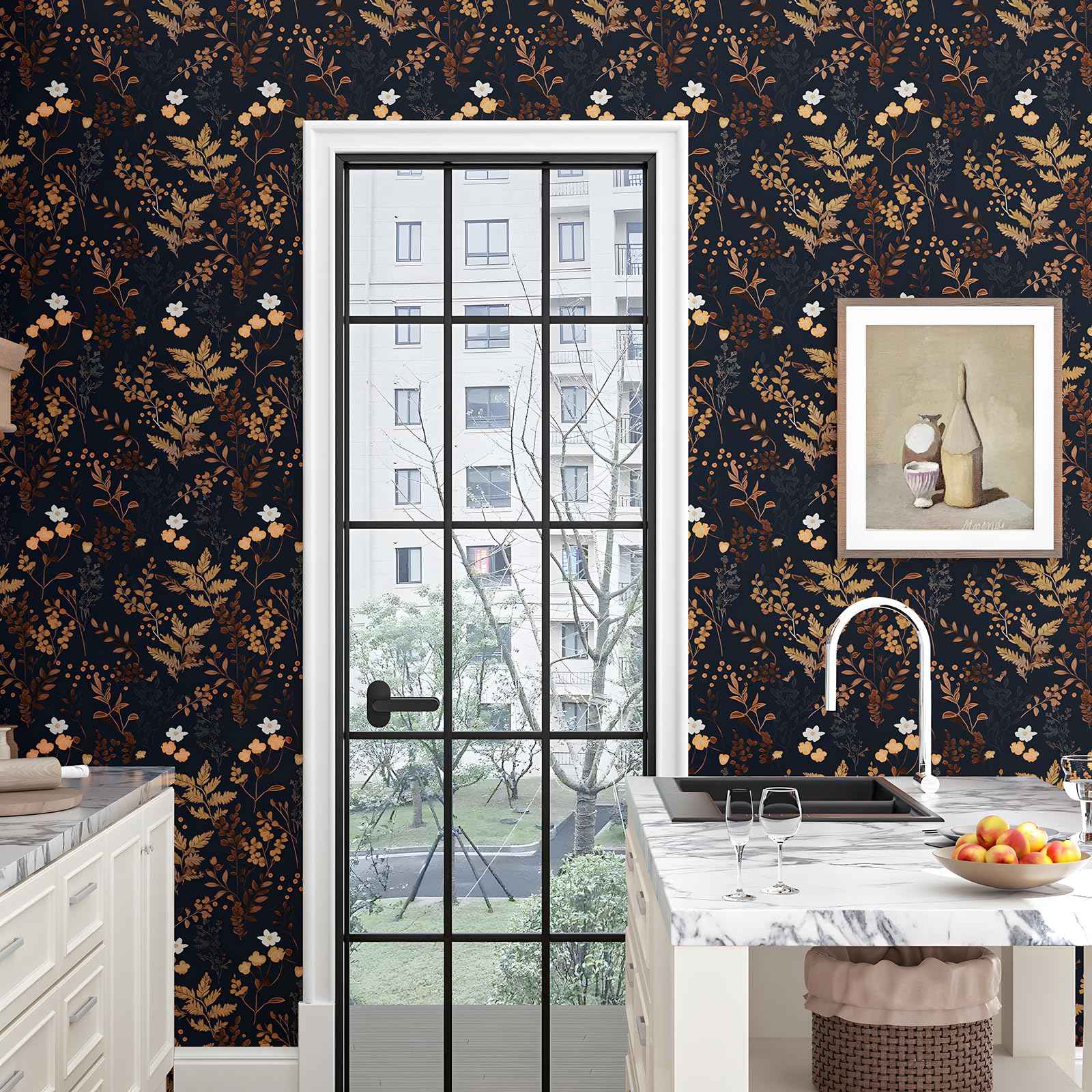 XRUIBZI Dark Blue Floral Wallpaper Peel and Stick Wallpaper Leaf Wallpapers Gold Leaf Contact Paper for Cabinets Waterproof Self Adhesive Wall Paper for Kitchen Countertop Wall 17.5" x 118"