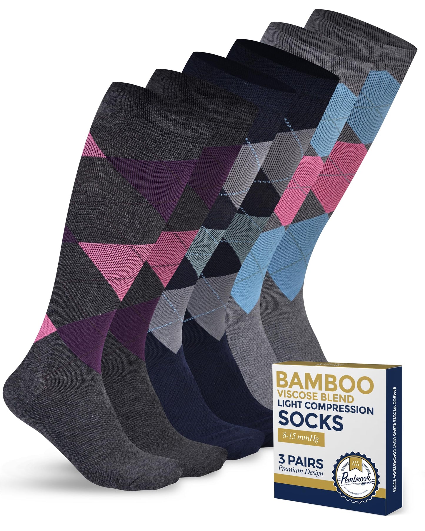 Pembrook Bamboo Viscose Light Compression Socks - 3 Pairs | 8-15 mmhg Compression Socks | Knee High Comfort Support Socks