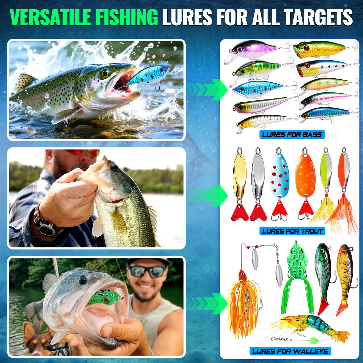 PLUSINNO Fishing Lures, 194PCS Fishing Tackle Box with Tackle Included, Bass Fishing Lures, Fishing Bait Gear, Fishing Kit and Accessories, Fish Gift for Men