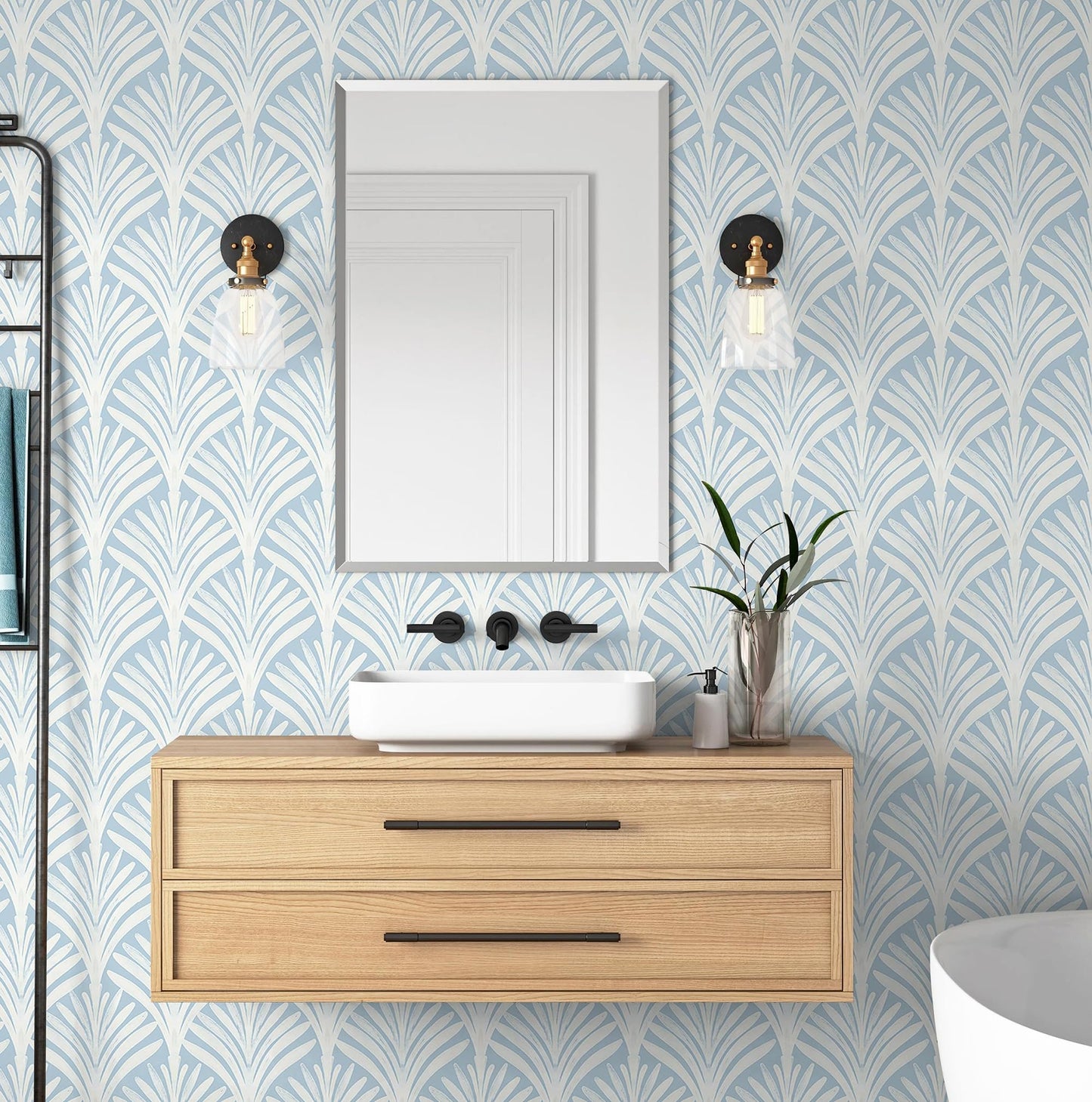 Hopepak Blue Peel and Stick Wallpaper Self Adhesive Removable Wall Paper for Bedroom/Bathroom Modern Geometric Contact Paper for Cabinets Vinyl Rolls 17.3''x78.7''