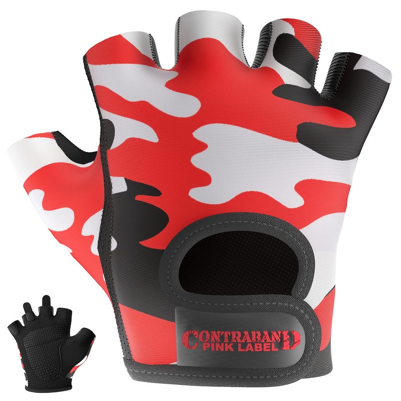Contraband Pink Label 5217 Women's Design Series Camo Print Lifting and Rowing Gloves (Pair) - Lightweight Vegan Medium Padded Microfiber Amara Leather w/ Griplock Silicone (Red, Medium)