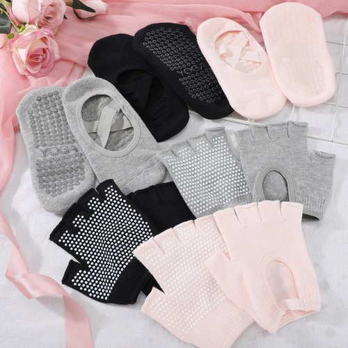 Shihanee 6 Pairs Non Slip Pilates Yoga Gloves Socks with Grip for Women Silicone Dot Grip Fingerless Gloves Socks Pilates Accessories for Ballet Barre Dance Fitness Winter Gifts