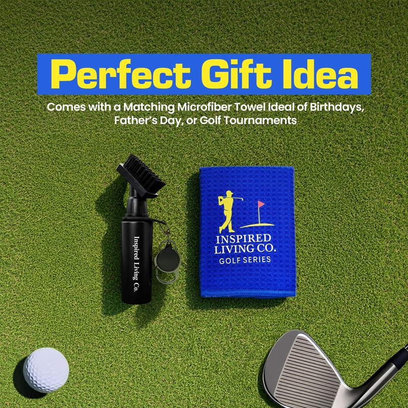 Inspired Living Co. Golf Club Cleaner Kit – Premium Golf Club Brush with Groove Cleaner & Microfiber Golf Towel – Golf Club Cleaning Kit for Men – Essential Golf Brush Tool & Golf Gift for Golfers