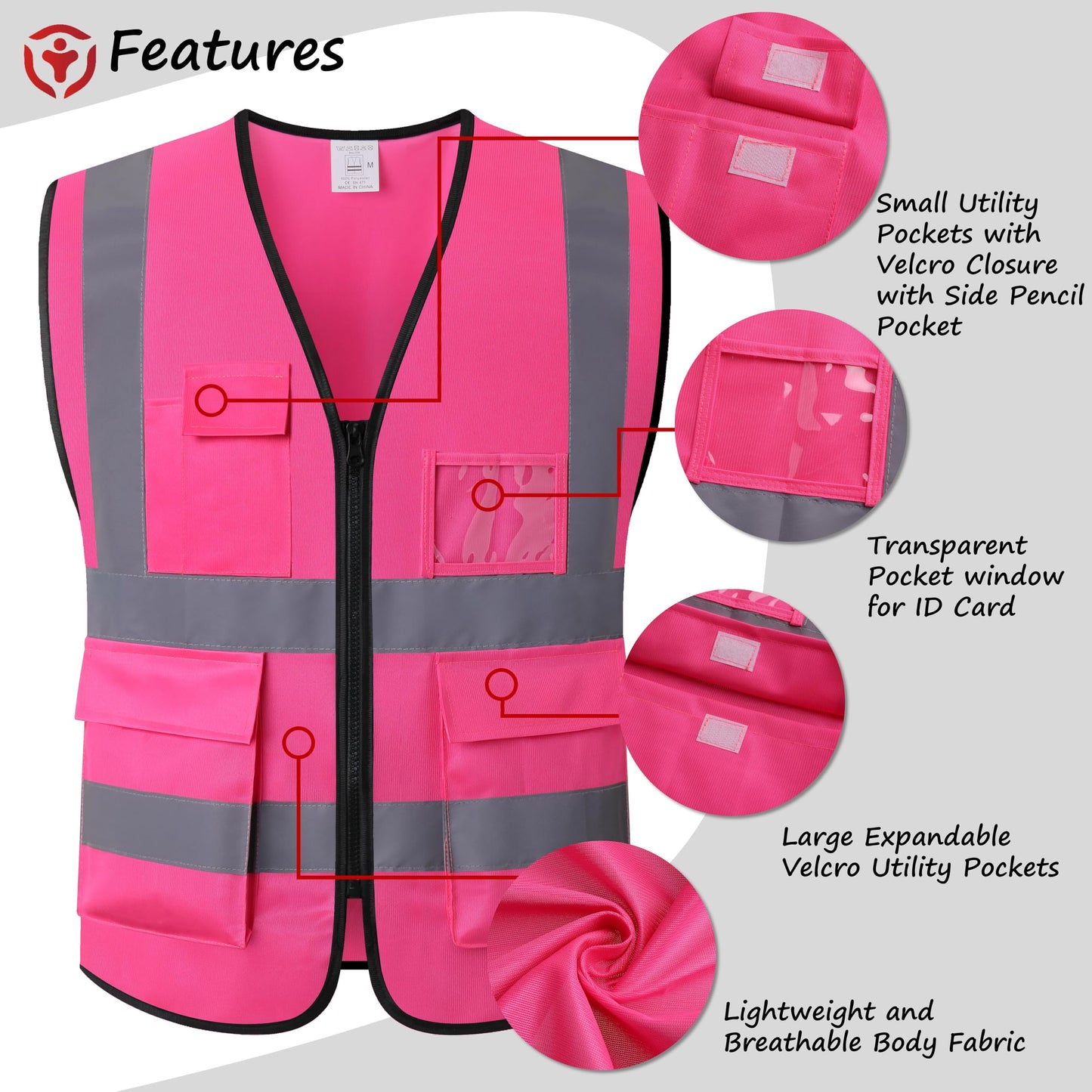 ASIPHITU Reflective Safety Vest for Men Women High Visibility Construction Work Vest with Pockets and zipper front Hi Vis Security Vest with Reflective Strips Meets ANSI/ISEA Standard (AP1-Pink-S)
