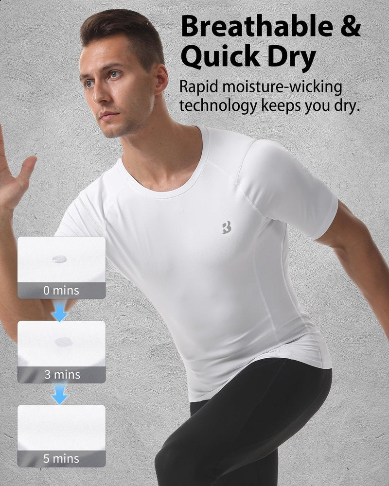 Roadbox Men's Compression Shirts Short Sleeve, Quick Dry Workout Football Base Layer Tops for Athletic Sports Gym Running Basketball White