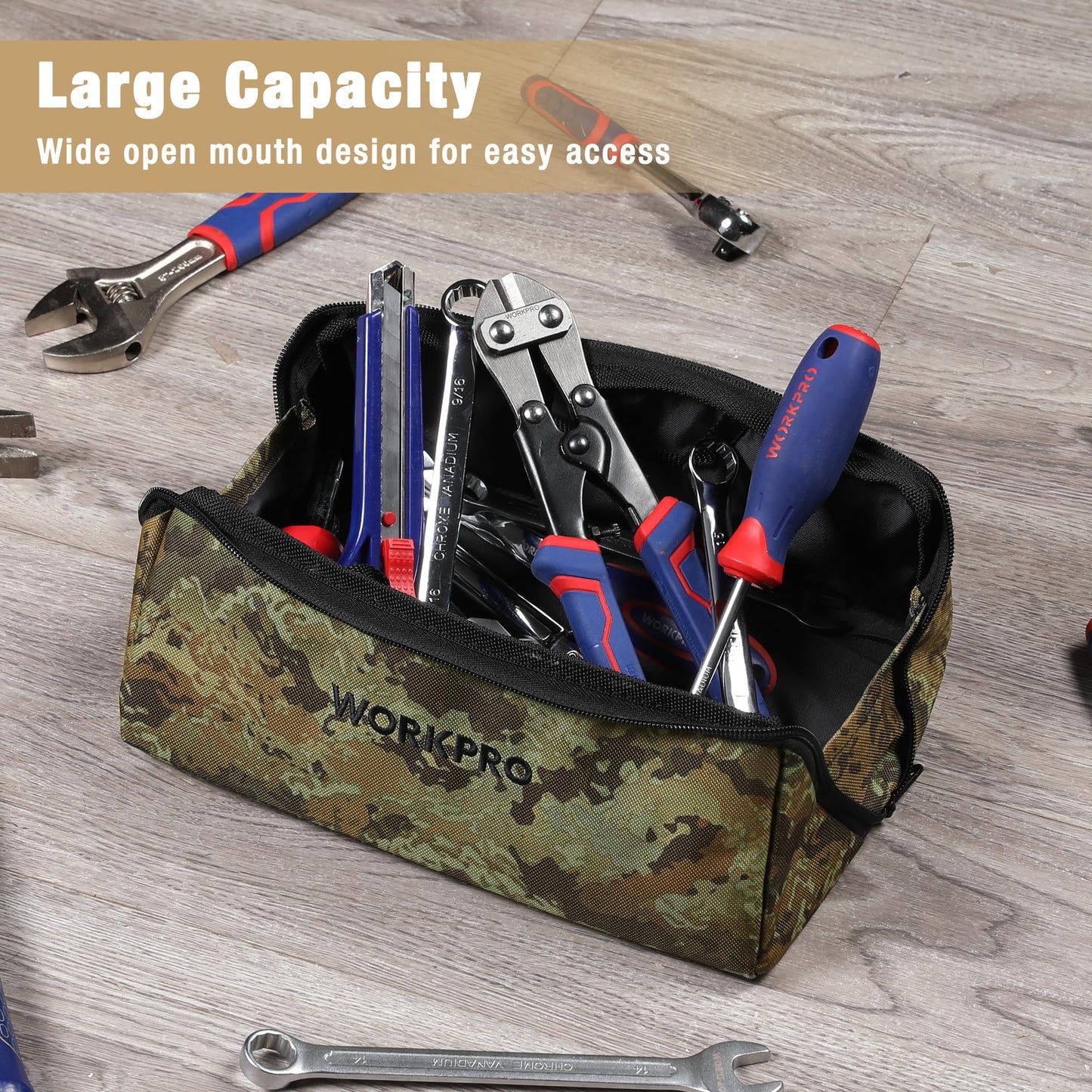 WORKPRO Tool Bag with Zipper, 10" Utility Wide Mouth Heavy Duty Tool Storage Bag, Multipurpose Zipper Tool Pouch Tote Bag for Organizer 3-pack, Camo