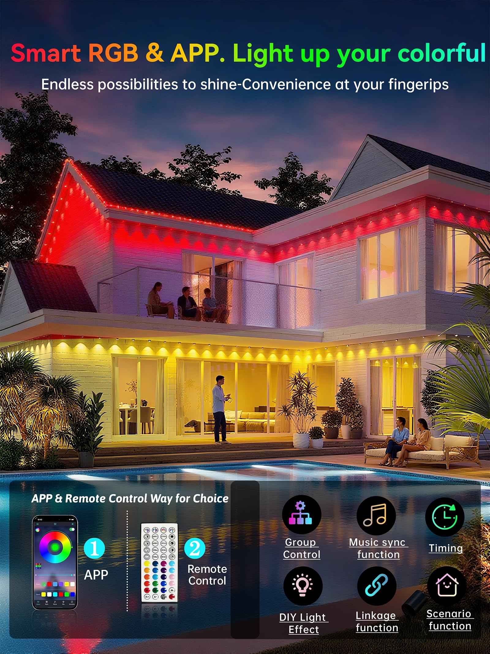 Permanent Outdoor Lights, 100FT RGB IP67 Waterproof Eaves Lighting, Smart LED Outside House Lights with App/Remote Control for Halloween, Christmas Decor, Holiday, Party, Daily, All Year-Round