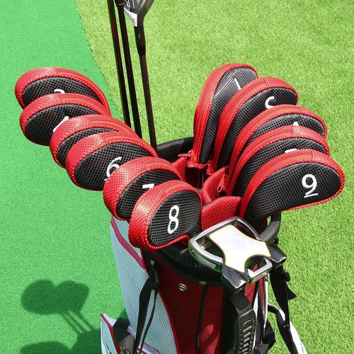 Craftsman Golf 11pcs/Set Meshy Golf Club Iron Head Covers Headcover with No. on Both Sides Suitable for Right and Left Handed Golfer Zipper Closure (Black & Red)