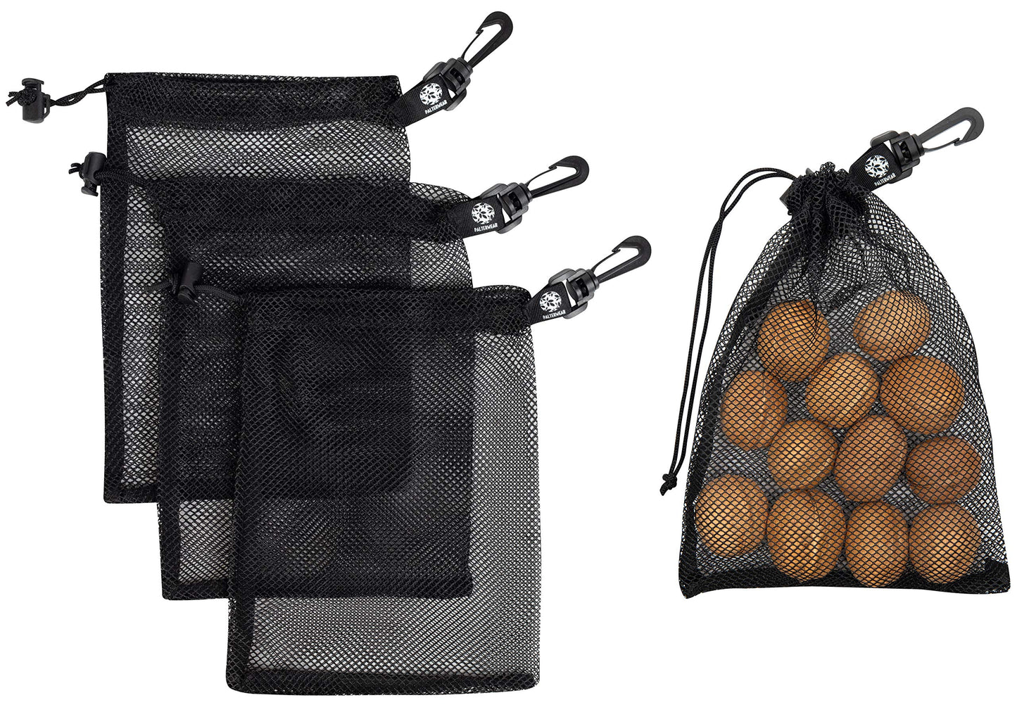 PALTERWEAR Small Mesh Bag with Clip and Toggle Closure (Set of 4, Black, 7 x 9 Inch) for Watersports Trekking Sailing