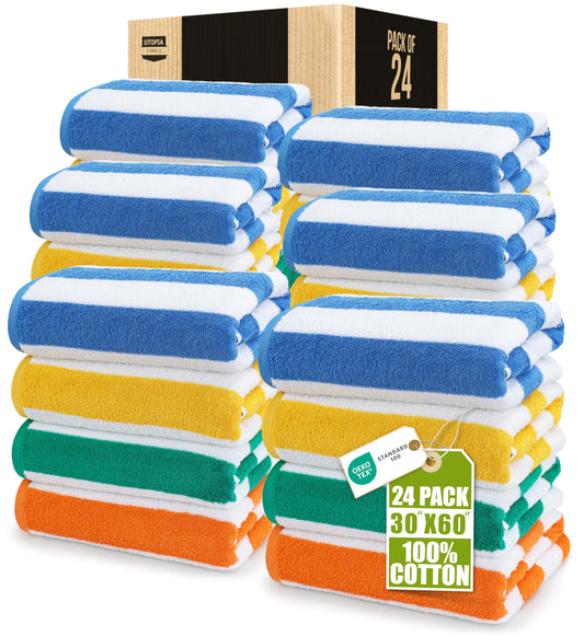 Utopia Towels 24 Pack Cabana Stripe Beach Towel, 30 by 60 Inches, Oversized 100% Ringspun Cotton Pool Towels, Highly Absorbent Bath Towels for Beach