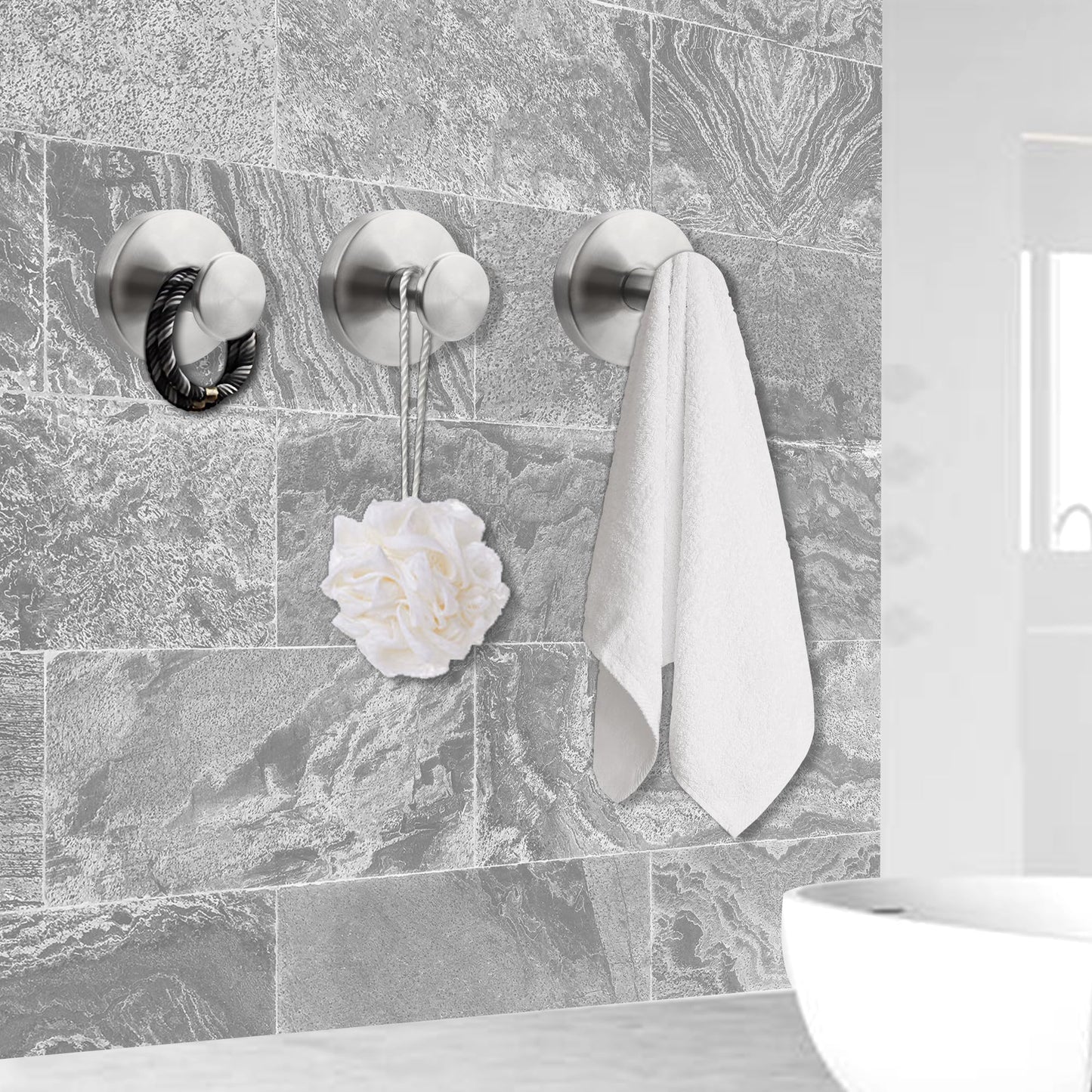 Suction Cup Hooks for Bathroom and Shower - Brushed Nickel Adhesive Hooks for Towel, Loofah - Removable Hook for Kitchen, Glass, Mirror, Door, Tile - Ideal for Coat, Wreath, Hanging Needs (Pack of 2)