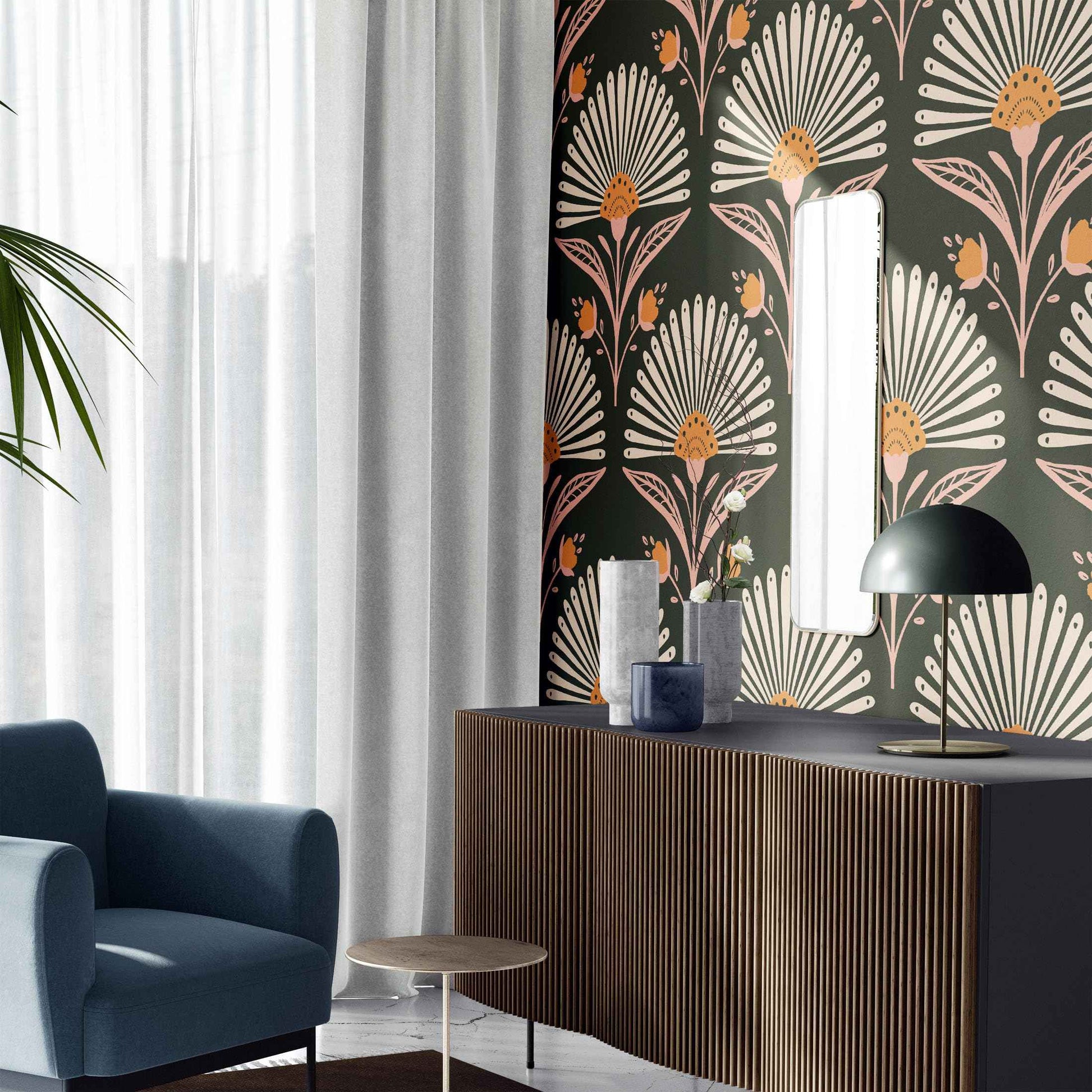 Peel and Stick Wallpaper -Blooming Fan Shaped Floral Wallpaper, Removable Contact Paper in Black Modern Design for Bathroom, Bedroom, Living Room Laundry Decor 17.7”×118”