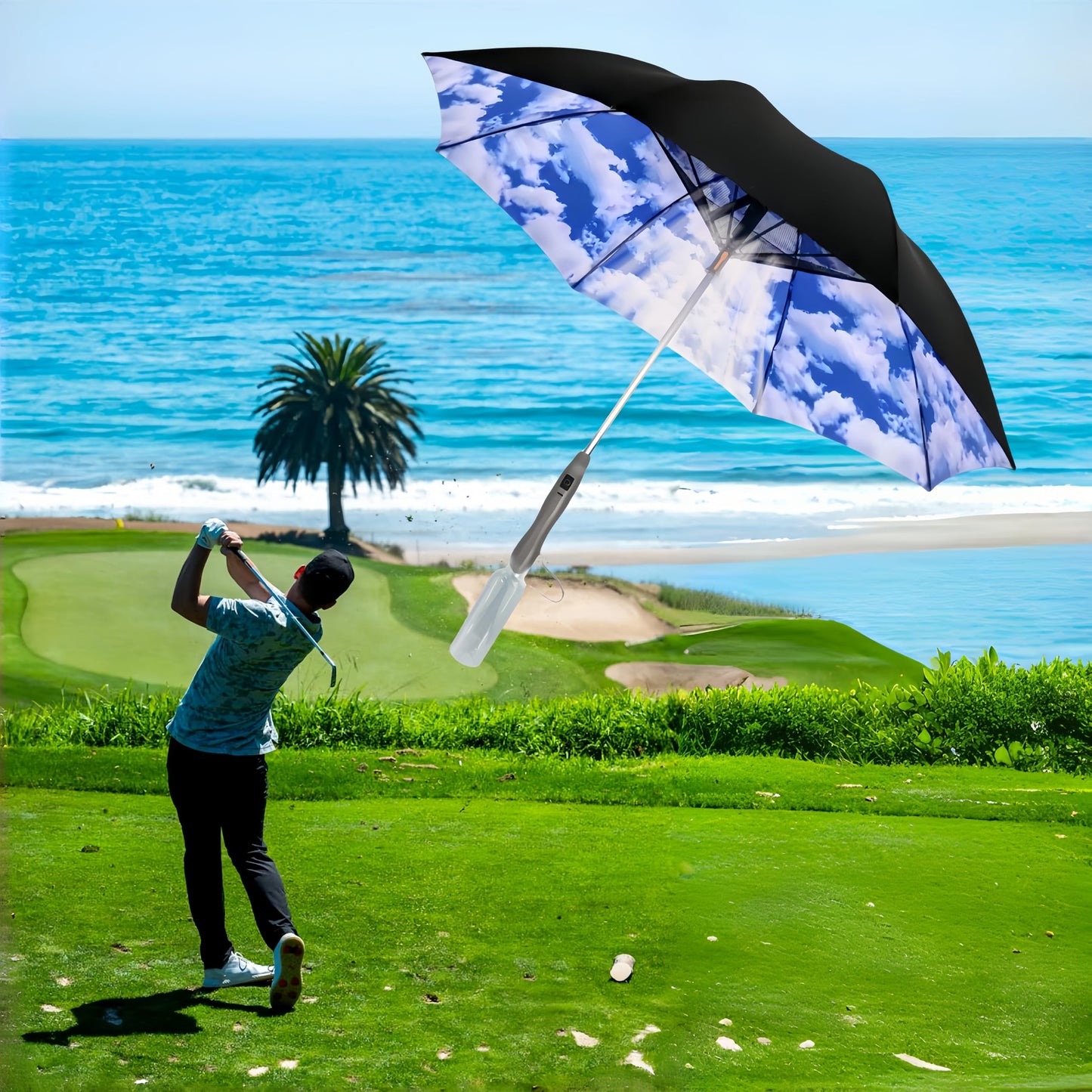 3 in 1 Sun Umbrella with Fan Misting, Uv Blocking 50+ Portable Fan Cooling Umbrella for Fishing, Golfing, Outdoor Beach, USB Rechargeable, Comes with Water Bottle Attach for the Mister