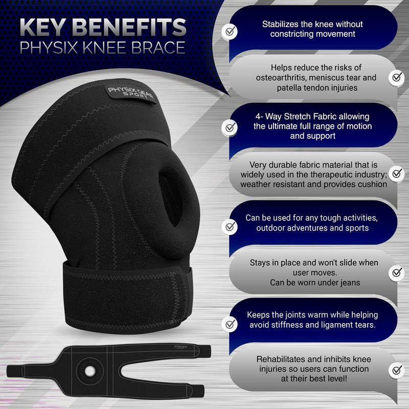 Physix Gear Knee Brace for Men & Women - Adjustable Patella Compression Knee Support for Arthritis, ACL & MCL, Meniscus Tear, Plus Size Knee Brace w/Side Stabilizers, Knee discomfort, Black/Grey, XL