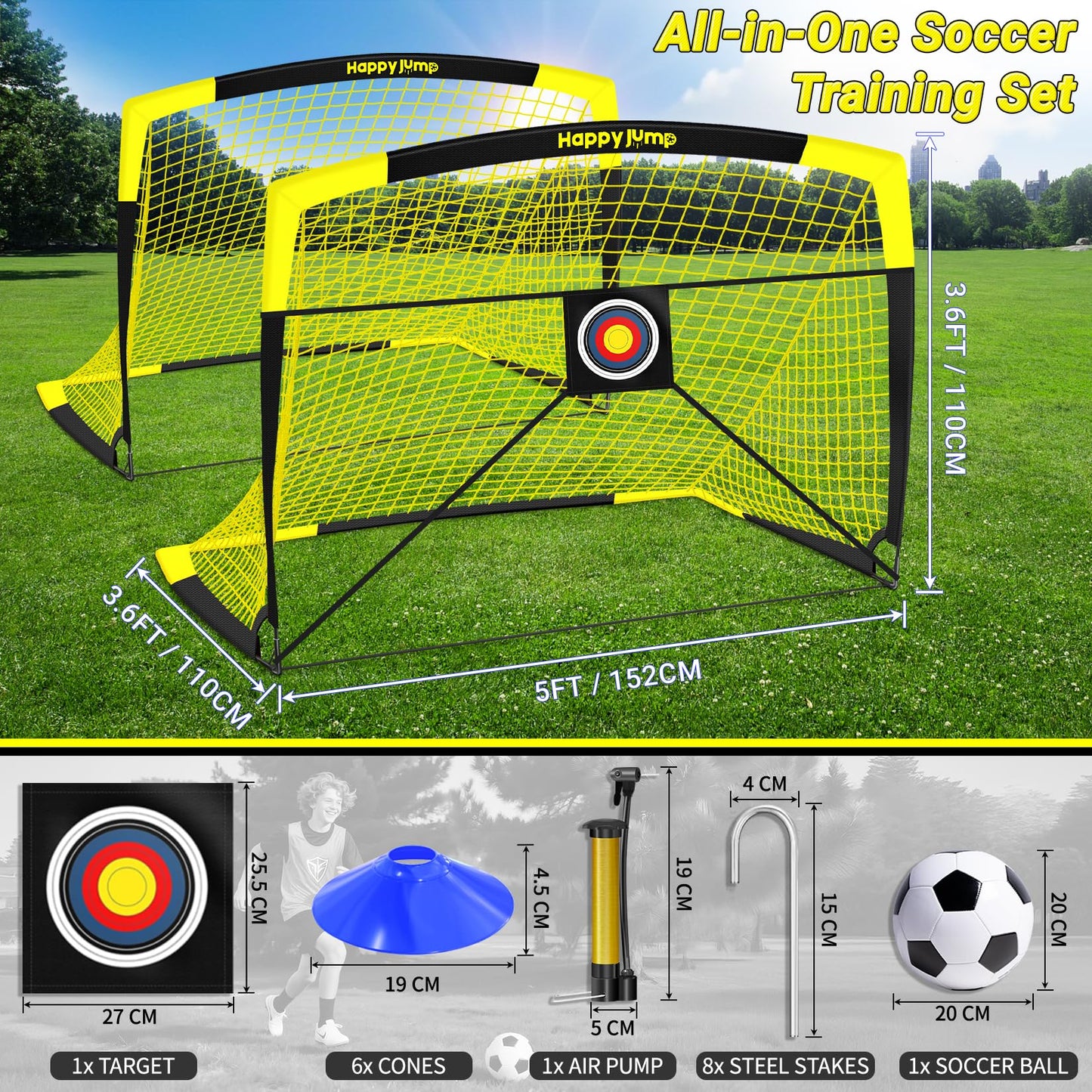 Happy Jump Folding Soccer Goal for Backyard, 2.1 x 1.5 Meters, 1.5 x 1.1 Meters, 1.2 x 0.9 Meters, 0.9 x 0.7 Metres