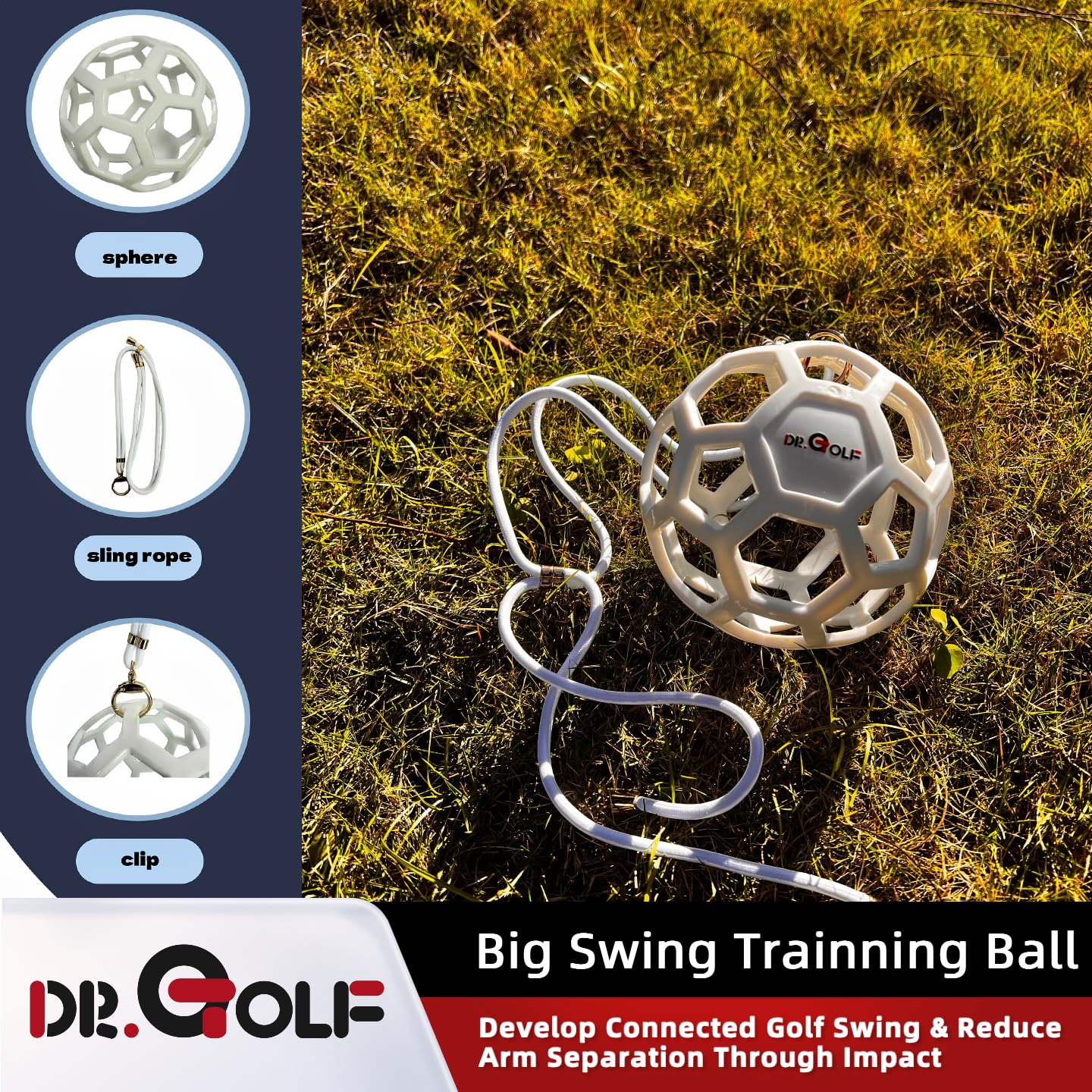 Dr. Golf Big Swing Training Ball - Advanced Muscle Memory Trainer for Arm-Hand Synchronization, Develop Connected Golf Swing & Reduce Arm Separation Through Impact (White)