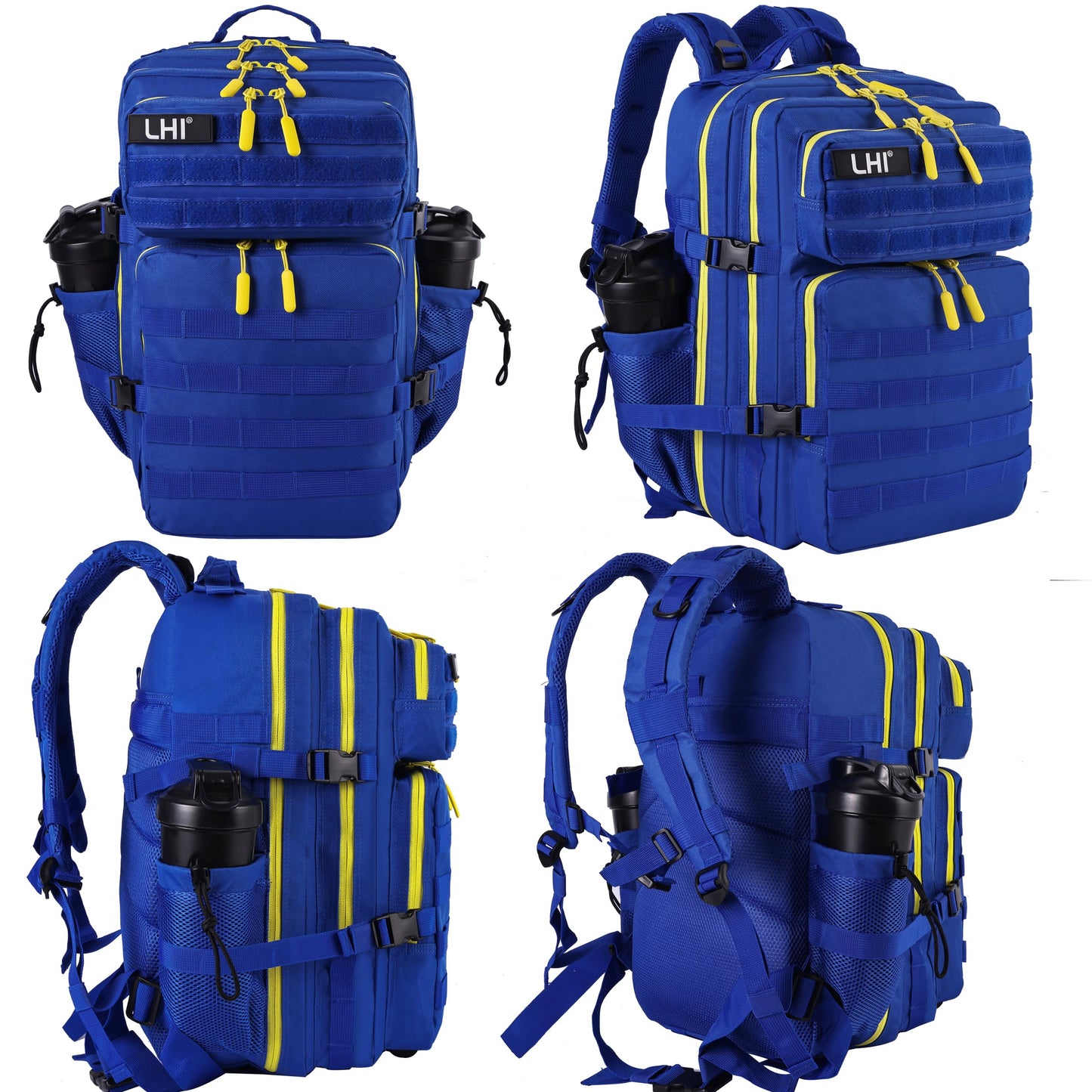 LHI Military Tactical Backpack for Men and Women 45L Army 3 Days Assault Pack Bag Large Rucksack with Molle System - Blue with yellow zipper