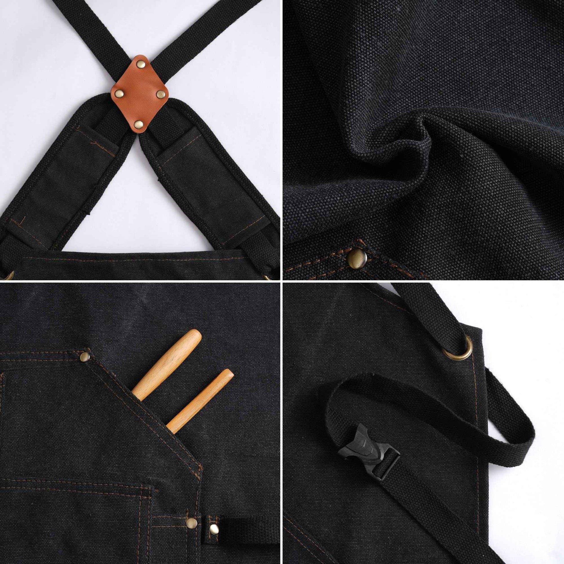 Tosewever Work Aprons for Men with Large Pockets, Canvas Cross Back Heavy Duty Adjustable Tool Aprons for Chef Cooking BBQ (Black)