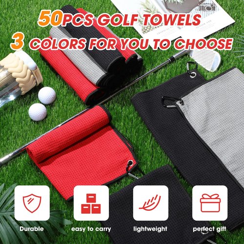 Batiyeer Golf Towels Bulk for Bags, 16"x16" Microfiber Waffle Pattern Golf Towel with Clip for Tournament, Club, Fitness(Black,Gray,Red,50 Pcs)