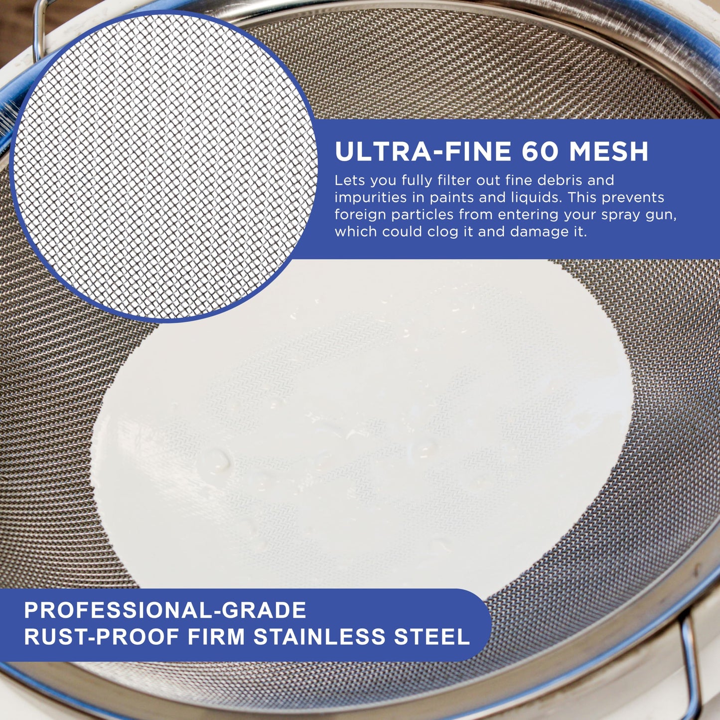 Master Elite 60 Mesh Stainless Steel Paint Strainer, 2 Pack - Fits Over 5 Gallon Paint Bucket Cans, Strains Filters Removes Debris, Particles, Impurities from Coating and Liquids - Drain, Rinse Food