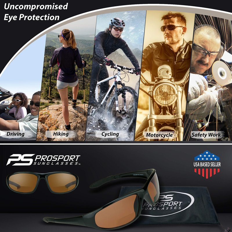 proSPORT Bifocal Sunglasses, +2.0 HD Amber Lenses Blue Light Blocking, Improves Sleep, Sport Wrap Frame, Small to Medium Fit - 2 Pack