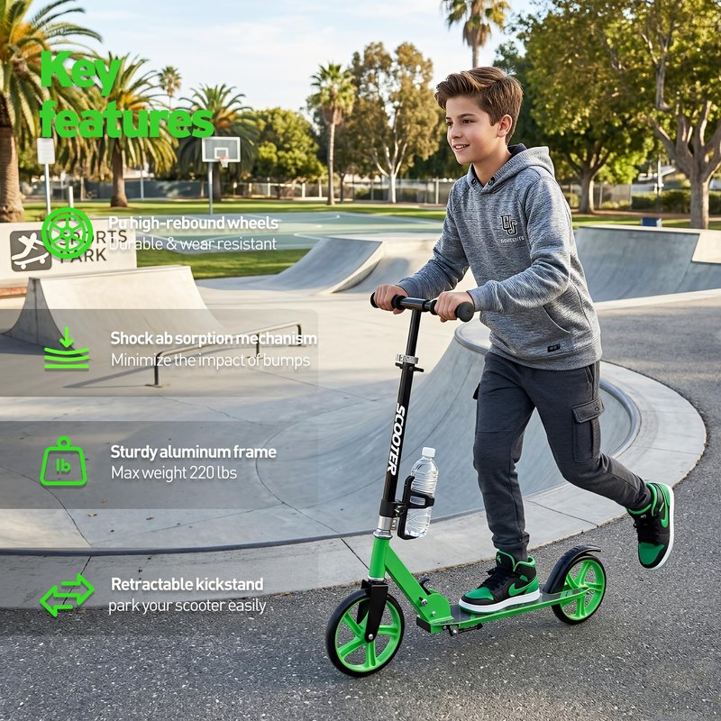 Scooter for Kids Ages 6+, Teens & Adults, Max Load 240 LBS, Foldable Kick Scooter with 8-inch Big Wheels, Kickstand, 3 Adjustable Levels, Rear Brake, Black
