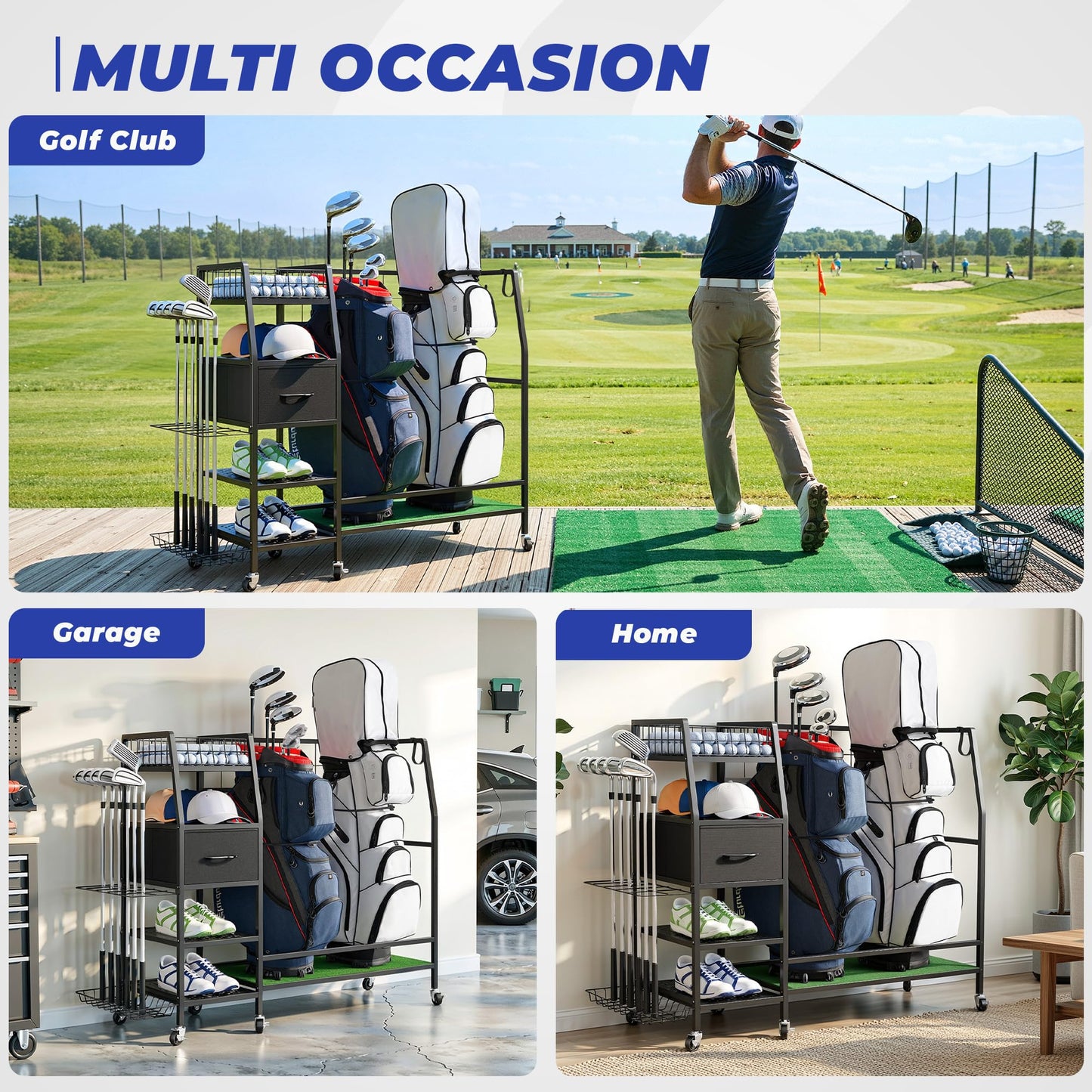 Golf Bag Organizer Storage Rack, Rolling Golf Storage Organizer for Garage with Wheels, 4-Tier Storage, Turf Mat, Carbon Steel