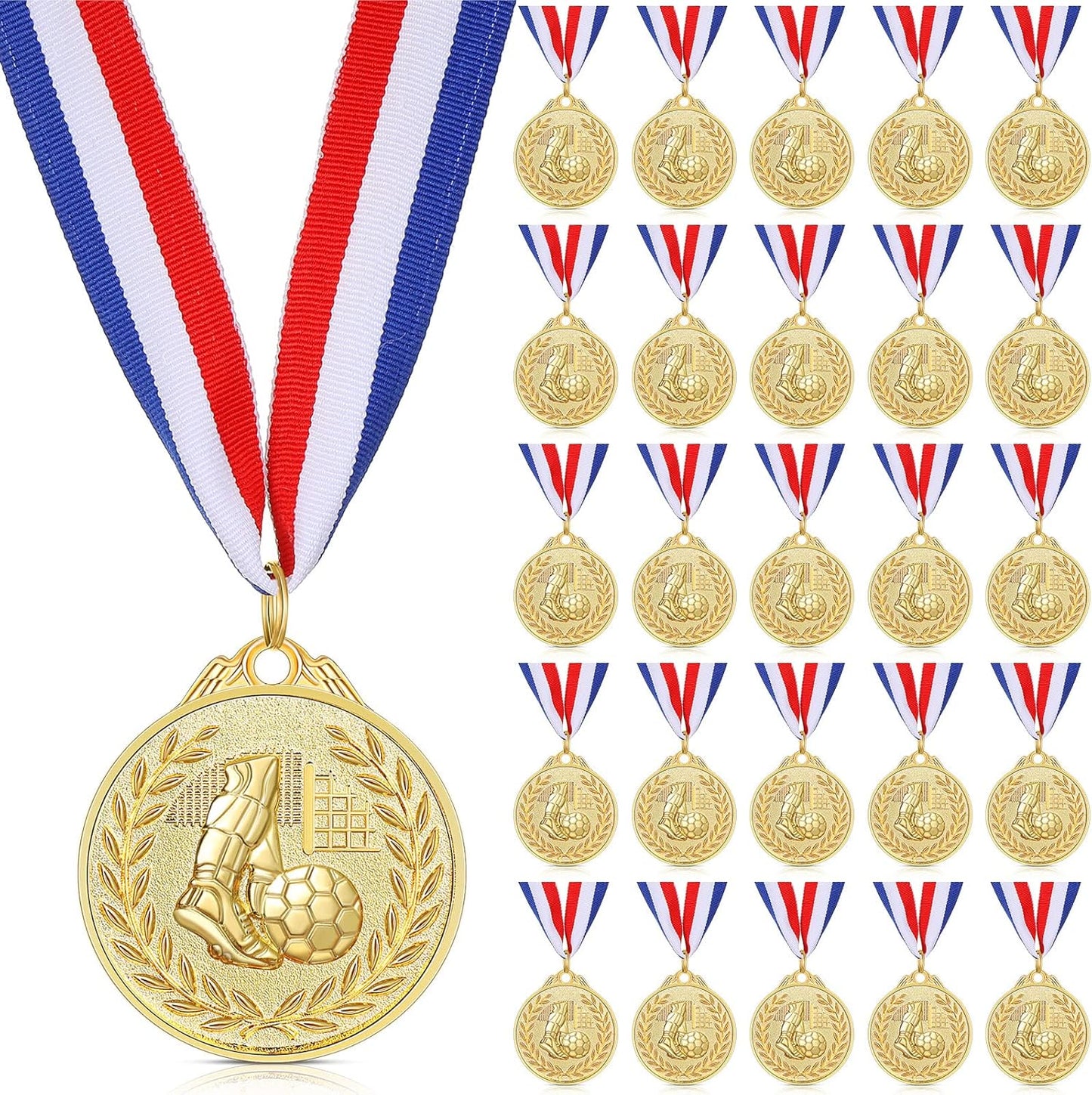 Yinkin Soccer Medals Set - 24 Gold Participation Trophies with Red, White & Blue Ribbons | Perfect for Sports Teams