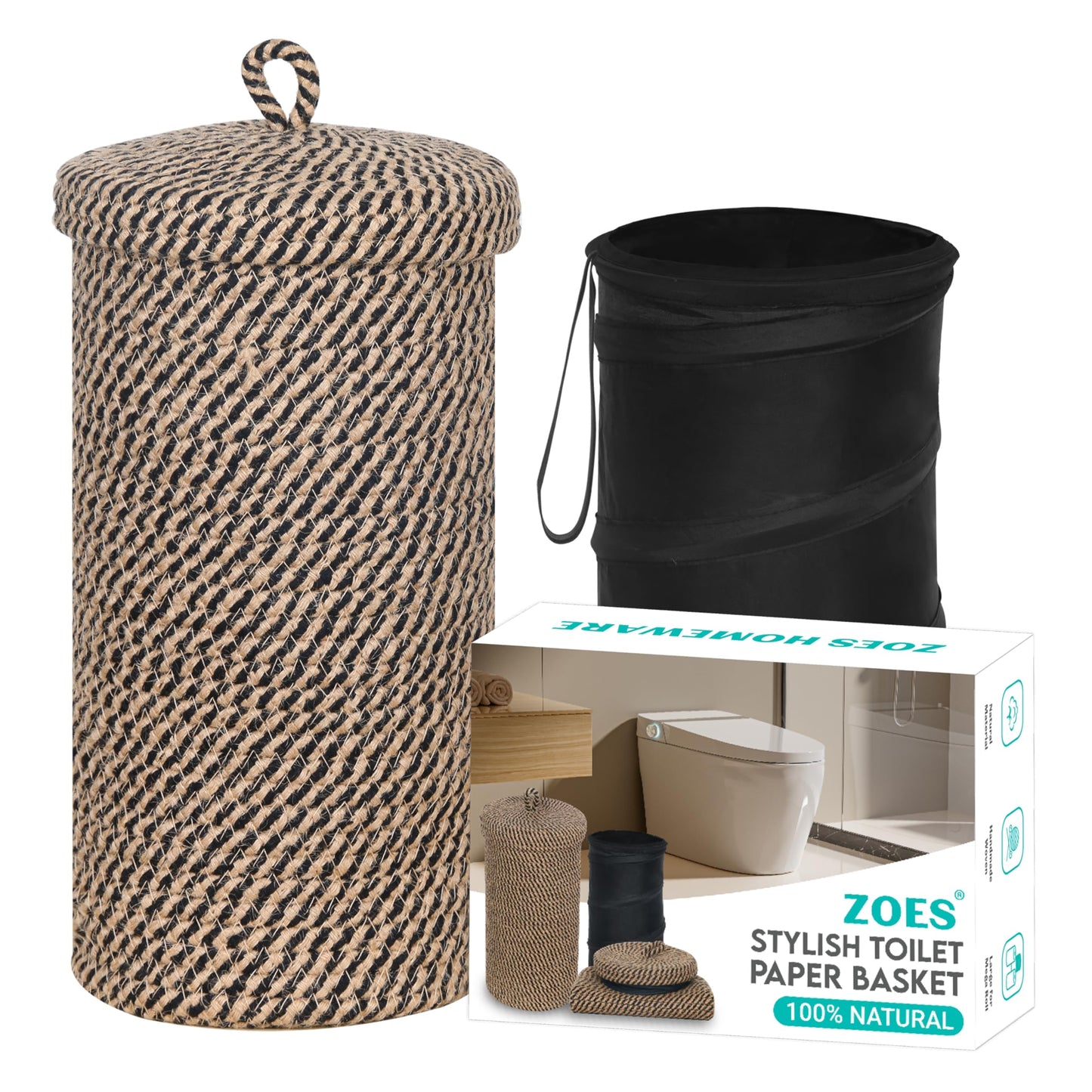 ZOES HOMEWARE Jute Toilet Paper Storage Basket with Lid,Bathroom Toilet Paper Holder Stand for 3 Mega Rolls,Tissue Holder for Bathroom with Removable Waterproof Insert, 7"x7"x13.5"