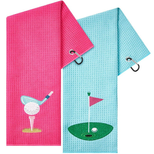 Mindsoft 2 Pieces Funny Golf Towel Microfiber Embroidered Ball Towels for Women Ball Bags with Clips Accessories Waffle Pattern for Mother Golf Fan Birthday Gifts(Hot Pink Blue,Elegant Style)
