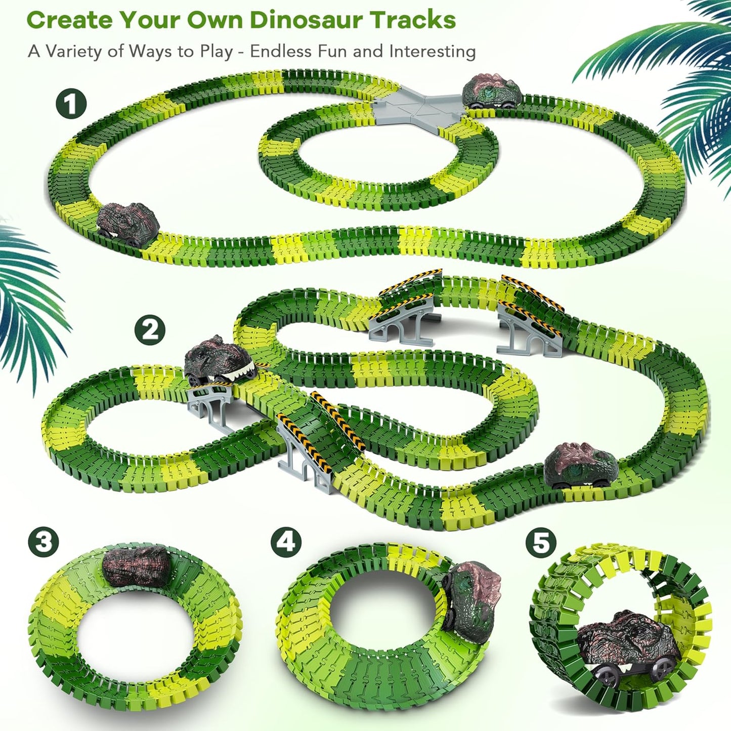Skiennix Dinosaur Toys - Create A Dinosaur World Road Race Playset with Flexible Track & 2 Cars for Kids 3-6 Years